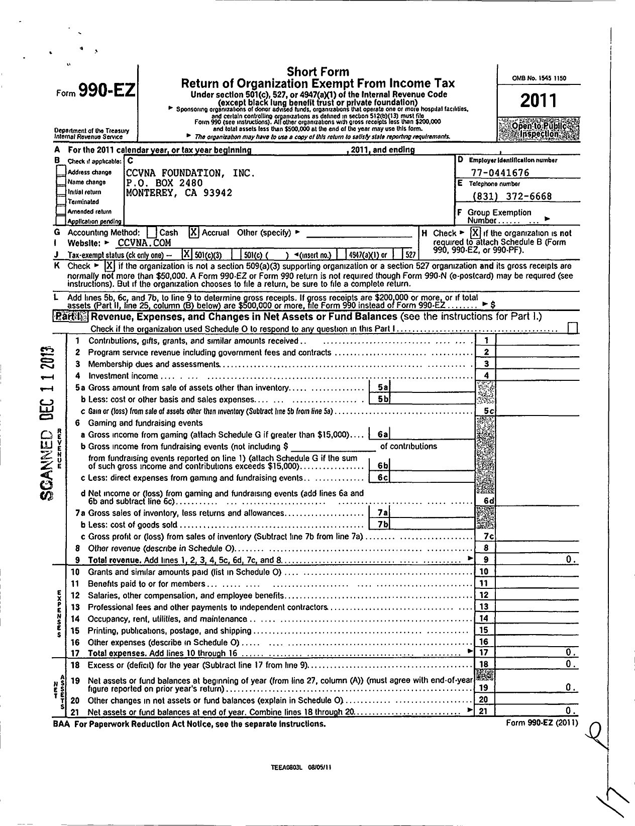 Image of first page of 2011 Form 990EZ for Ccvna Foundation