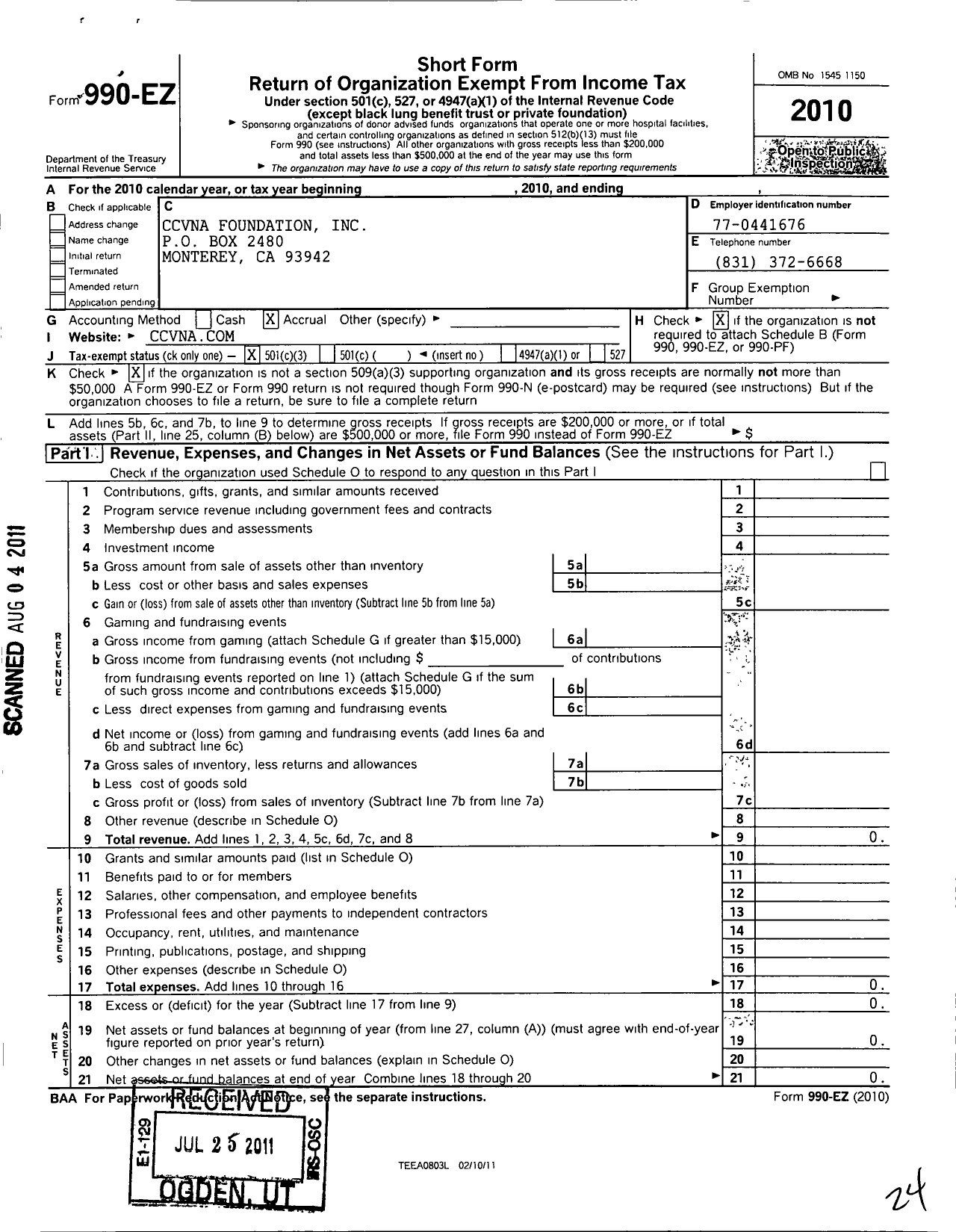 Image of first page of 2010 Form 990EZ for Ccvna Foundation