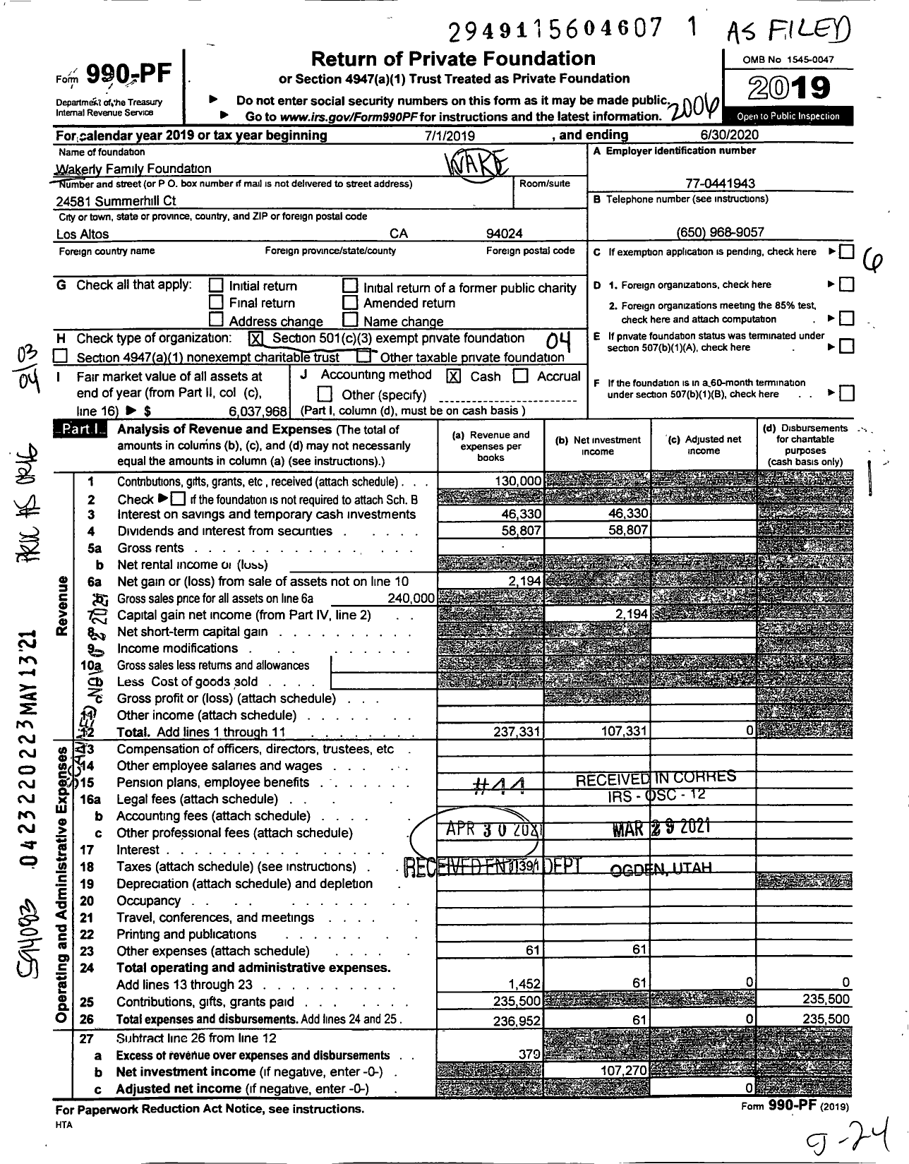 Image of first page of 2019 Form 990PF for Wakerly Family Foundation