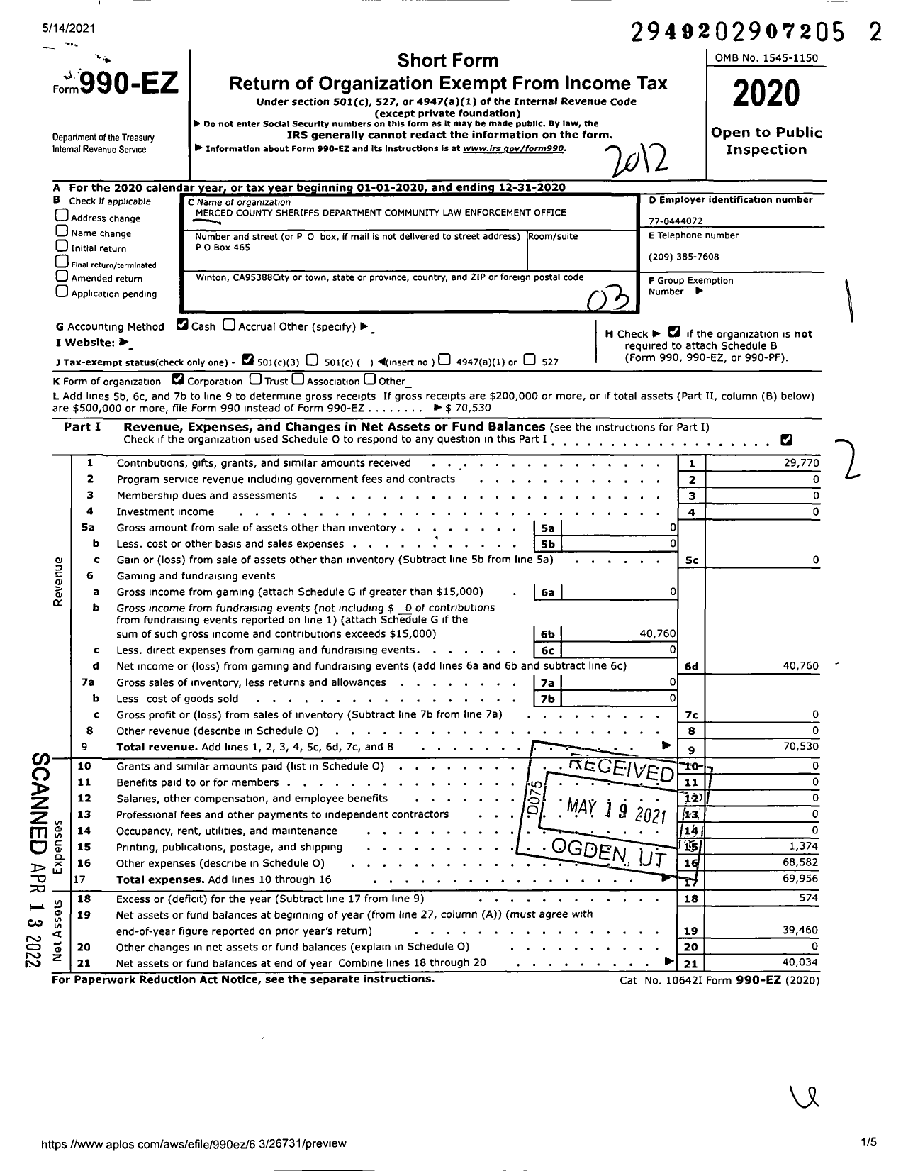 Image of first page of 2020 Form 990EZ for Merced County Sheriff's Department Community Law Enforcement Office