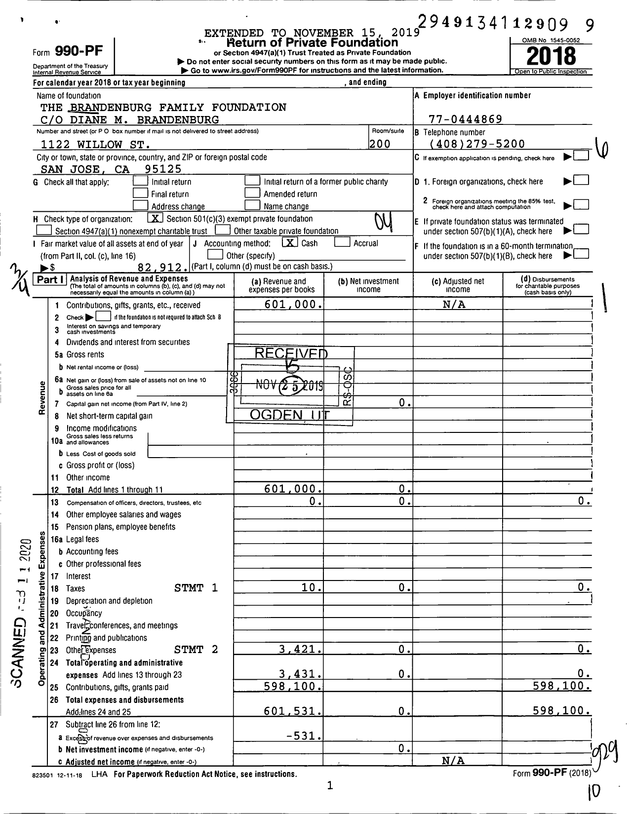 Image of first page of 2018 Form 990PF for The Brandenburg Family Foundation