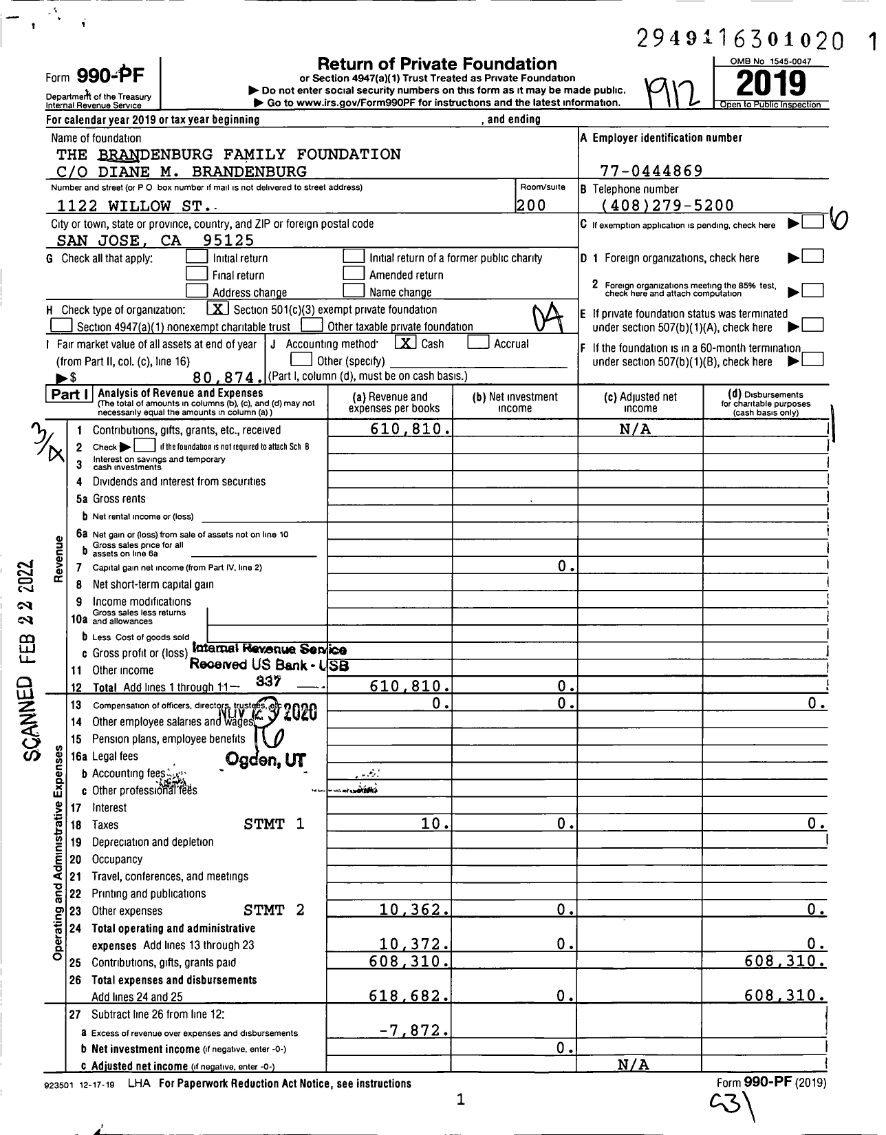 Image of first page of 2019 Form 990PF for The Brandenburg Family Foundation