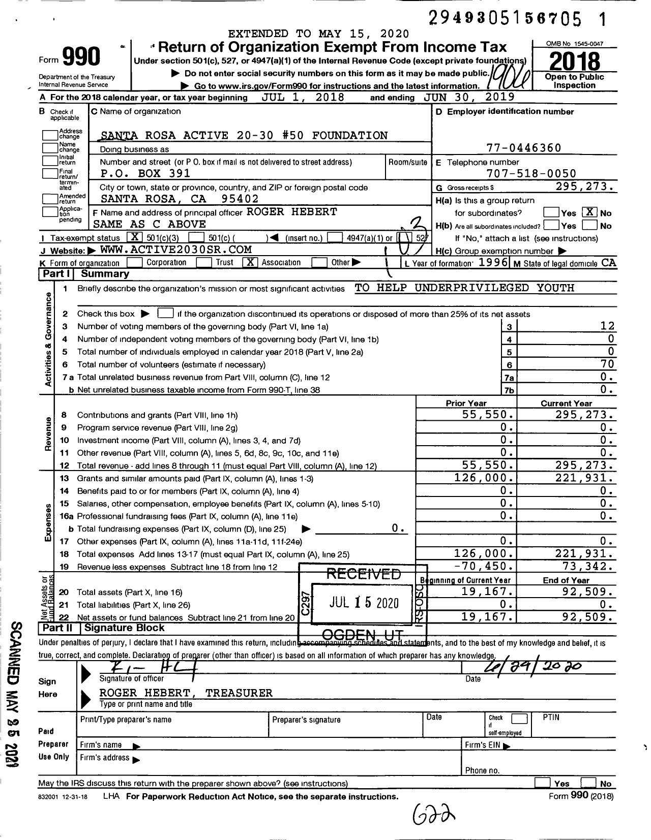 Image of first page of 2018 Form 990 for Santa Rosa Active 20-30 #50 Foundation