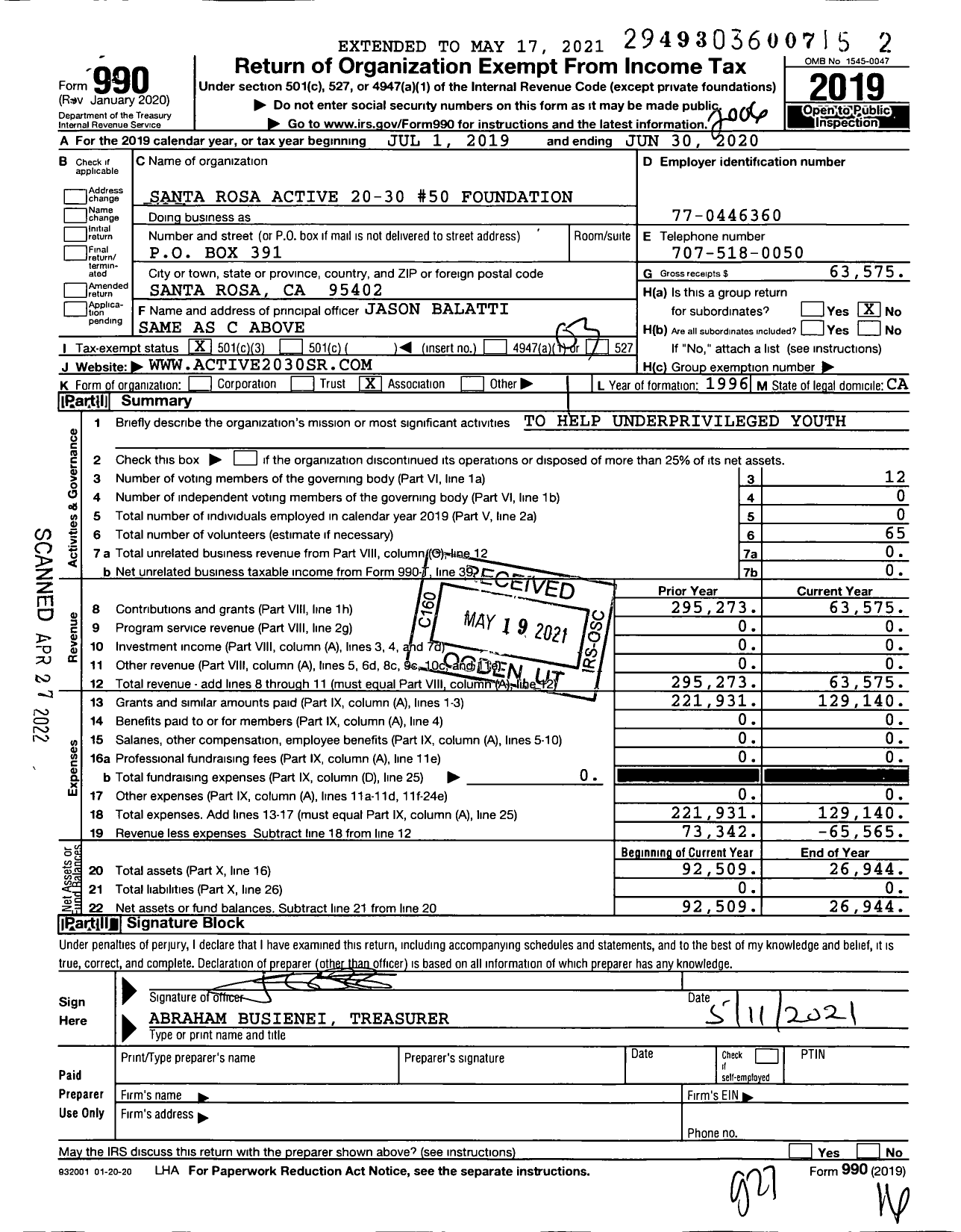 Image of first page of 2019 Form 990 for Santa Rosa Active 20-30 #50 Foundation