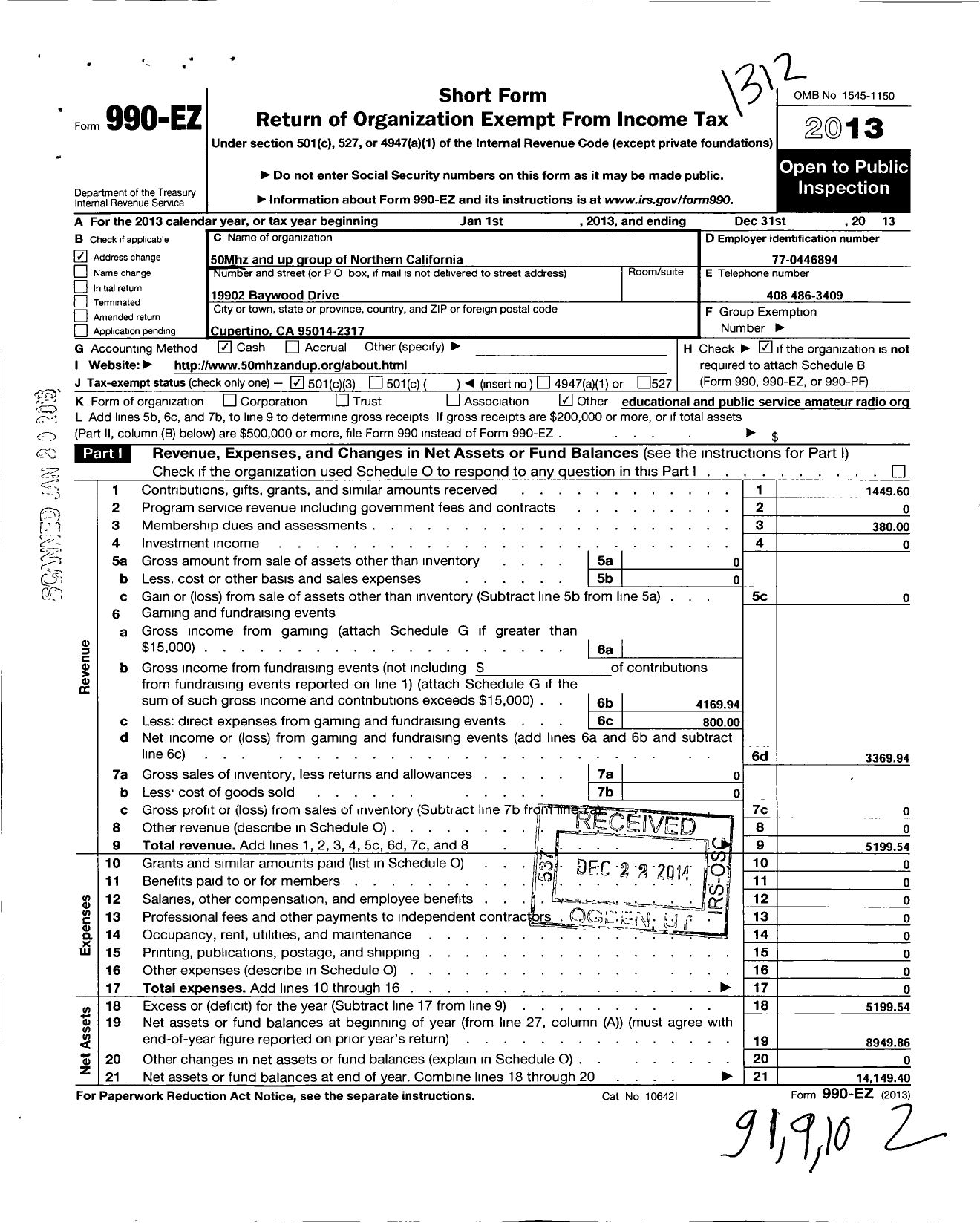 Image of first page of 2013 Form 990EZ for 50mhz and Up Group of N California