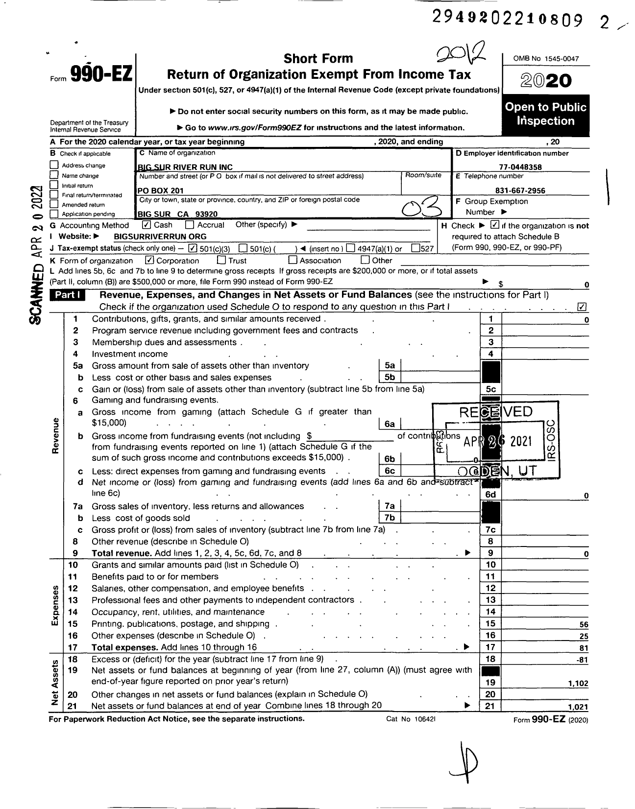 Image of first page of 2020 Form 990EZ for Big Sur River Run