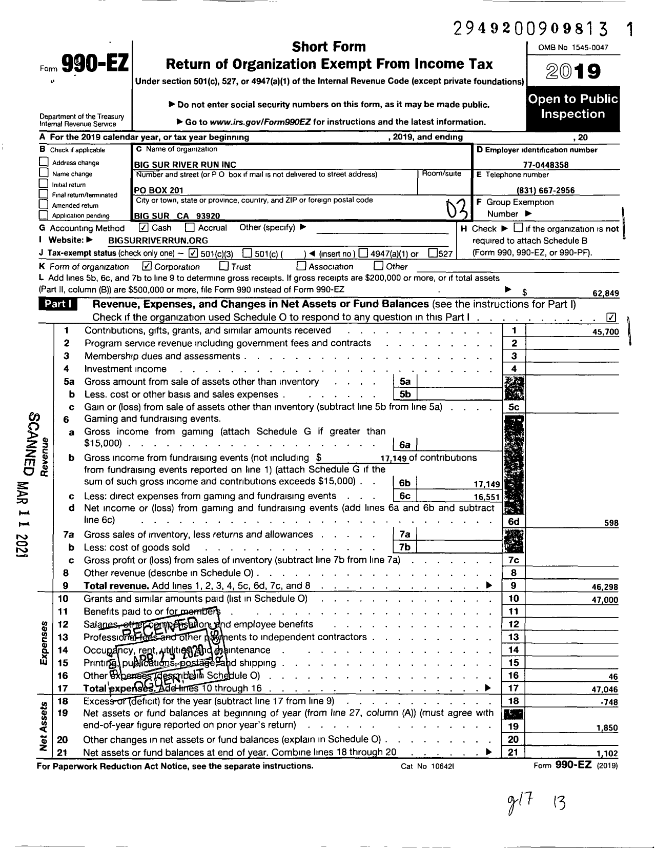 Image of first page of 2019 Form 990EZ for Big Sur River Run