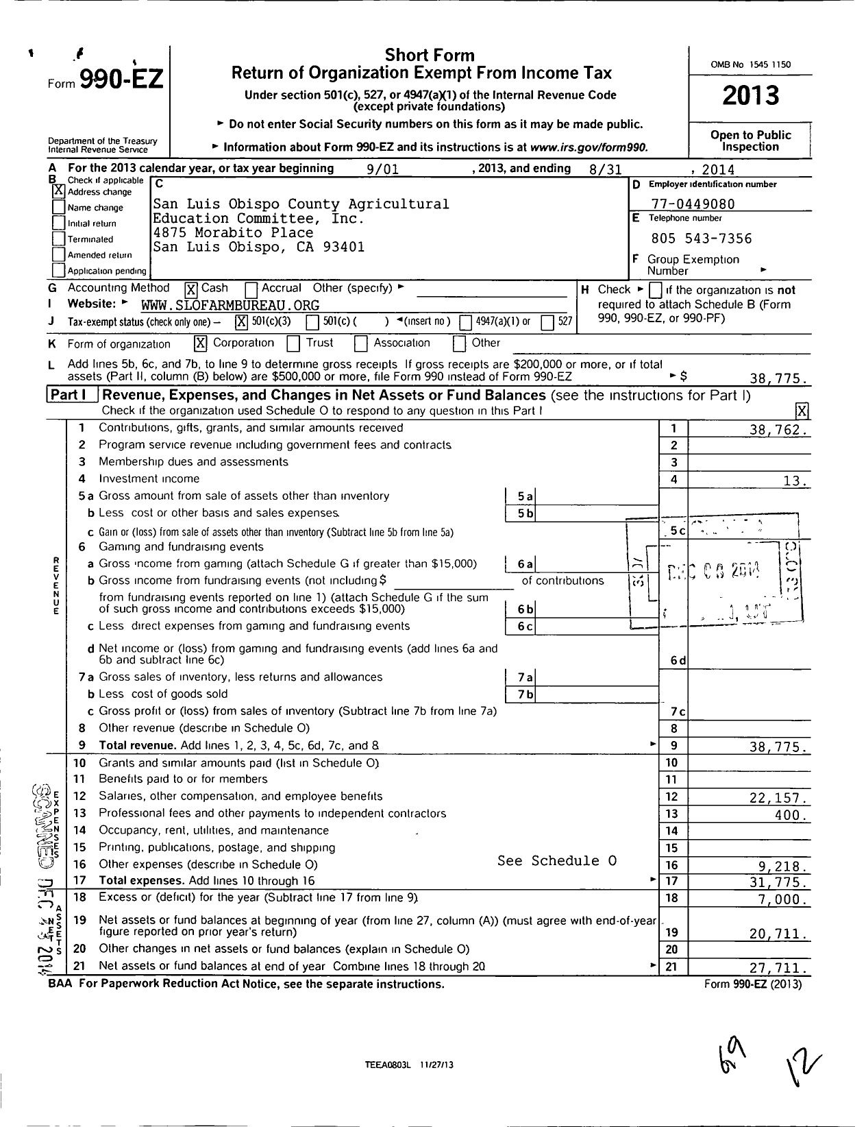 Image of first page of 2013 Form 990EZ for San Luis Obispo County Agricultural Education Committee