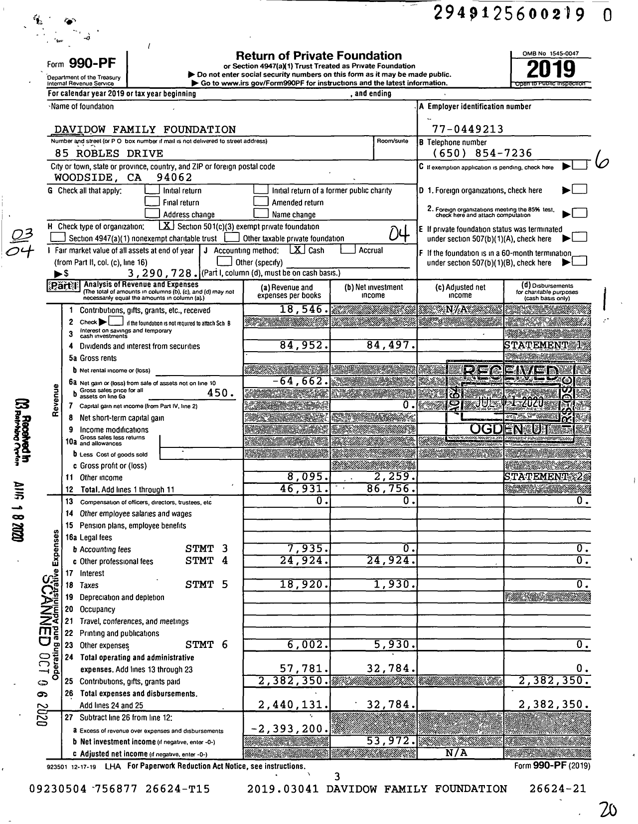 Image of first page of 2019 Form 990PR for Davidow Family Foundation