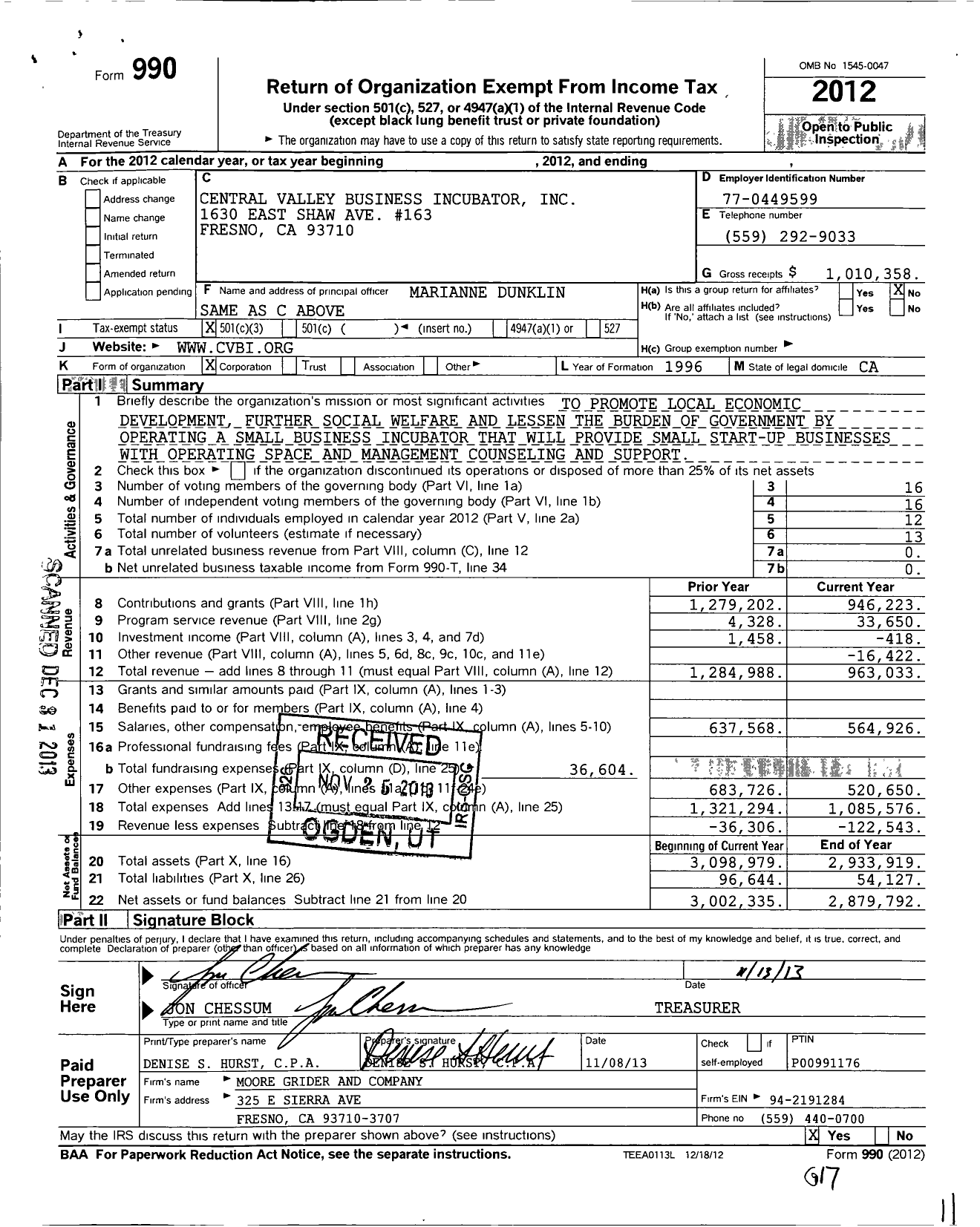 Image of first page of 2012 Form 990 for Central Valley Business Incubator