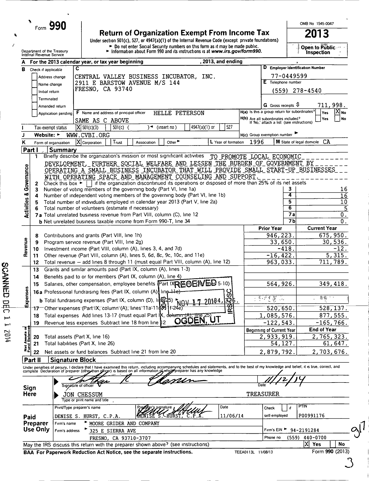 Image of first page of 2013 Form 990 for Central Valley Business Incubator
