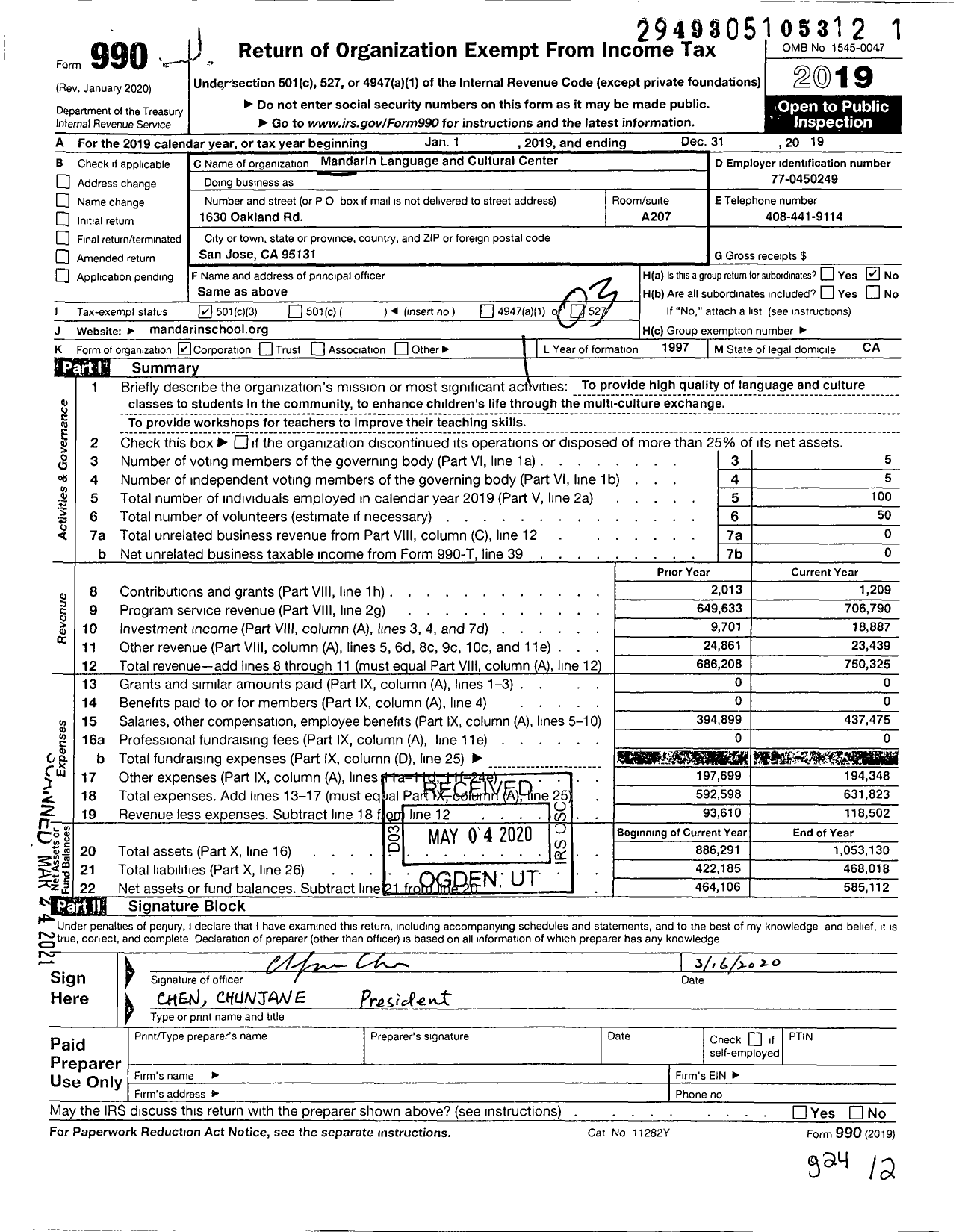 Image of first page of 2019 Form 990 for Mandarin Language and Cultural Center