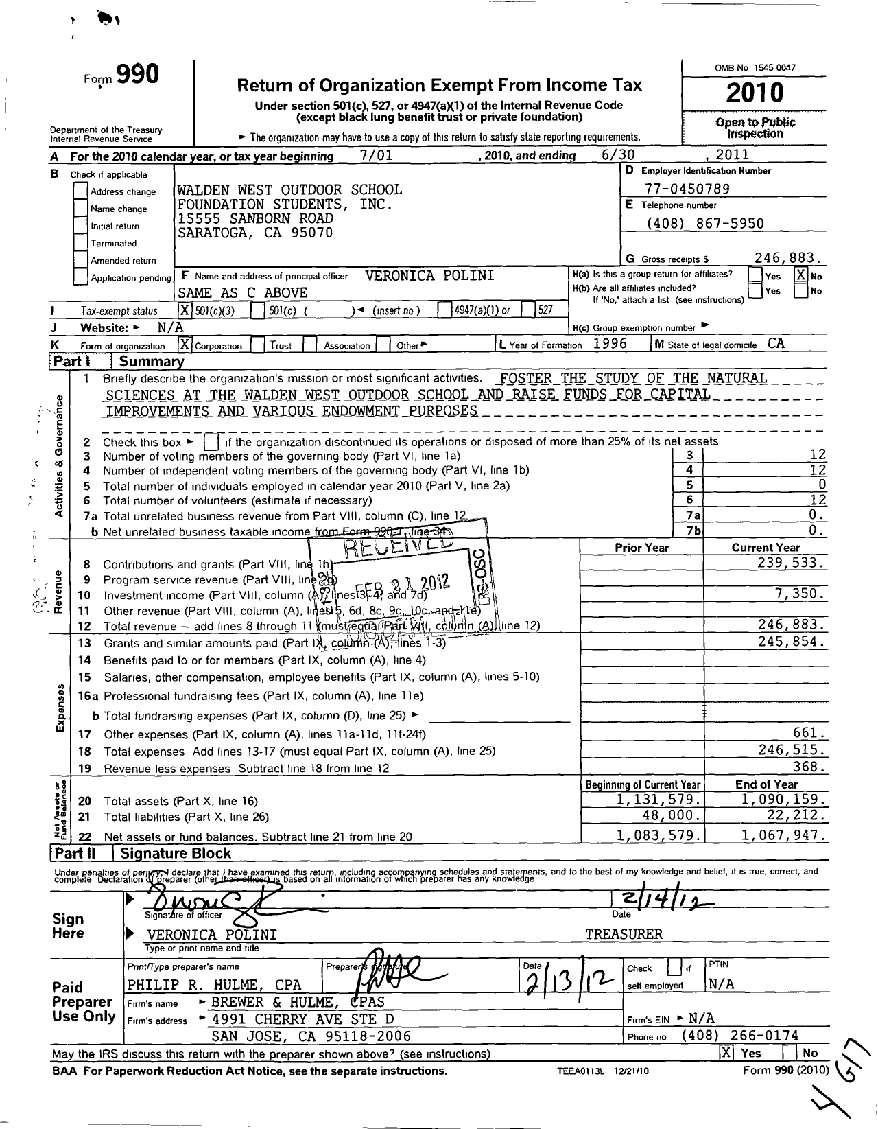 Image of first page of 2010 Form 990 for Walden West Outdoor School Foundation