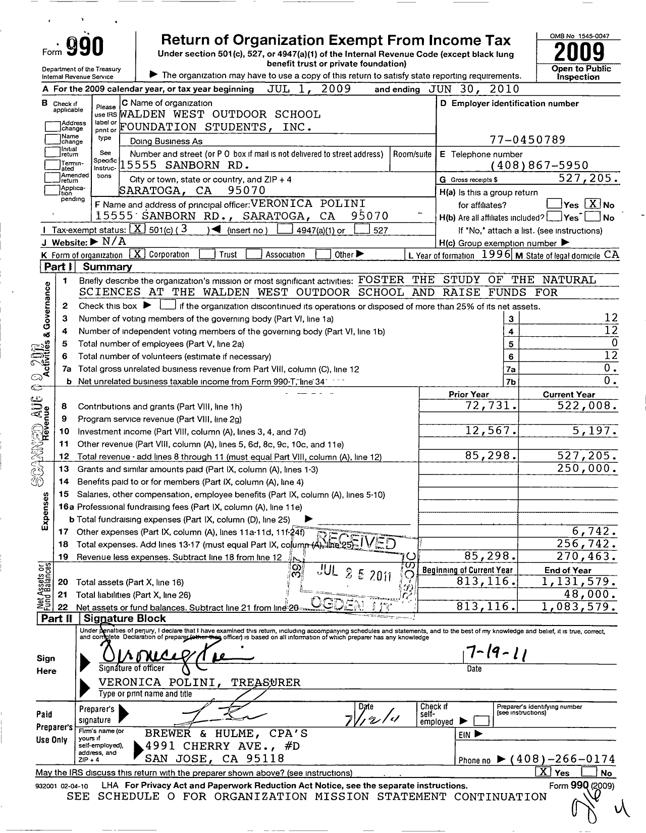 Image of first page of 2009 Form 990 for Walden West Outdoor School Foundation