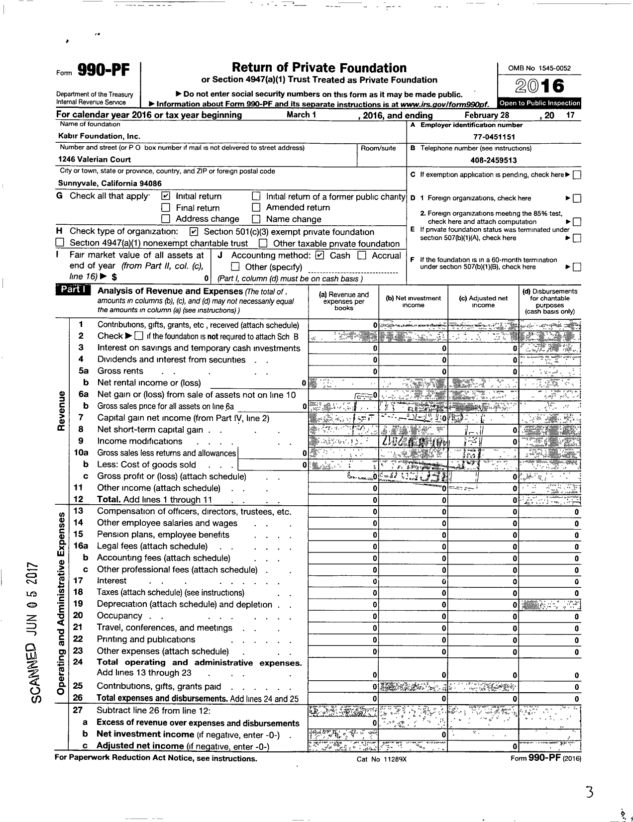 Image of first page of 2016 Form 990PF for Kabir Foundation