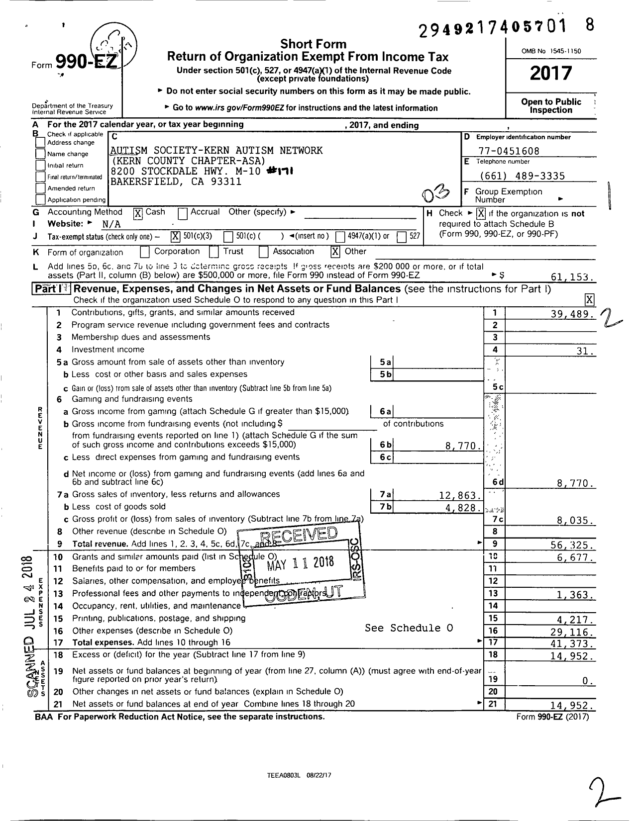 Image of first page of 2017 Form 990EZ for Autism Society of America / Kern County Chapter Asa