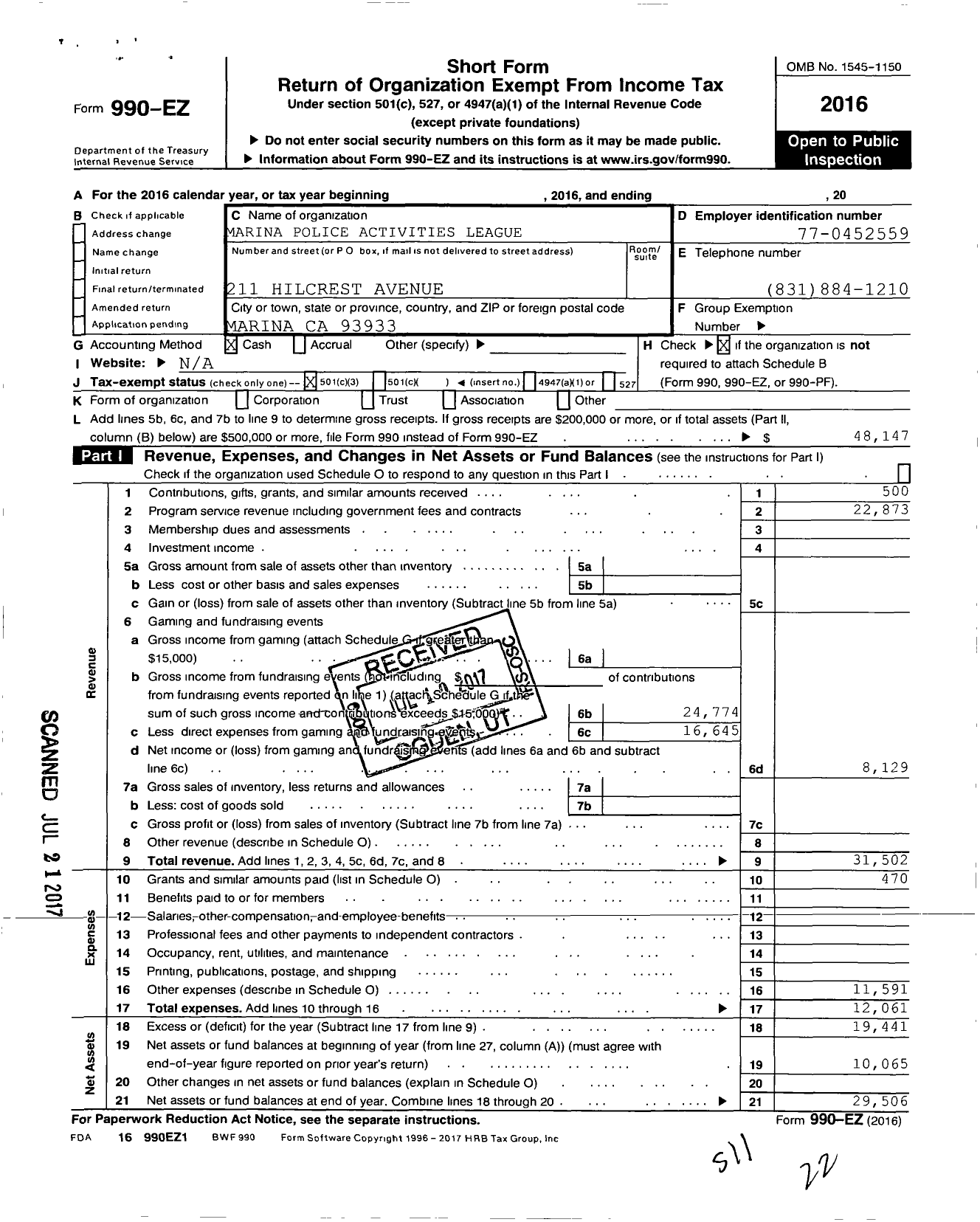 Image of first page of 2016 Form 990EZ for Marina Police Activities League