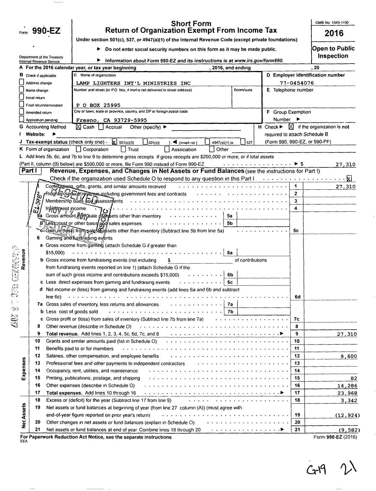 Image of first page of 2016 Form 990EZ for Lamp Lighters International Ministry