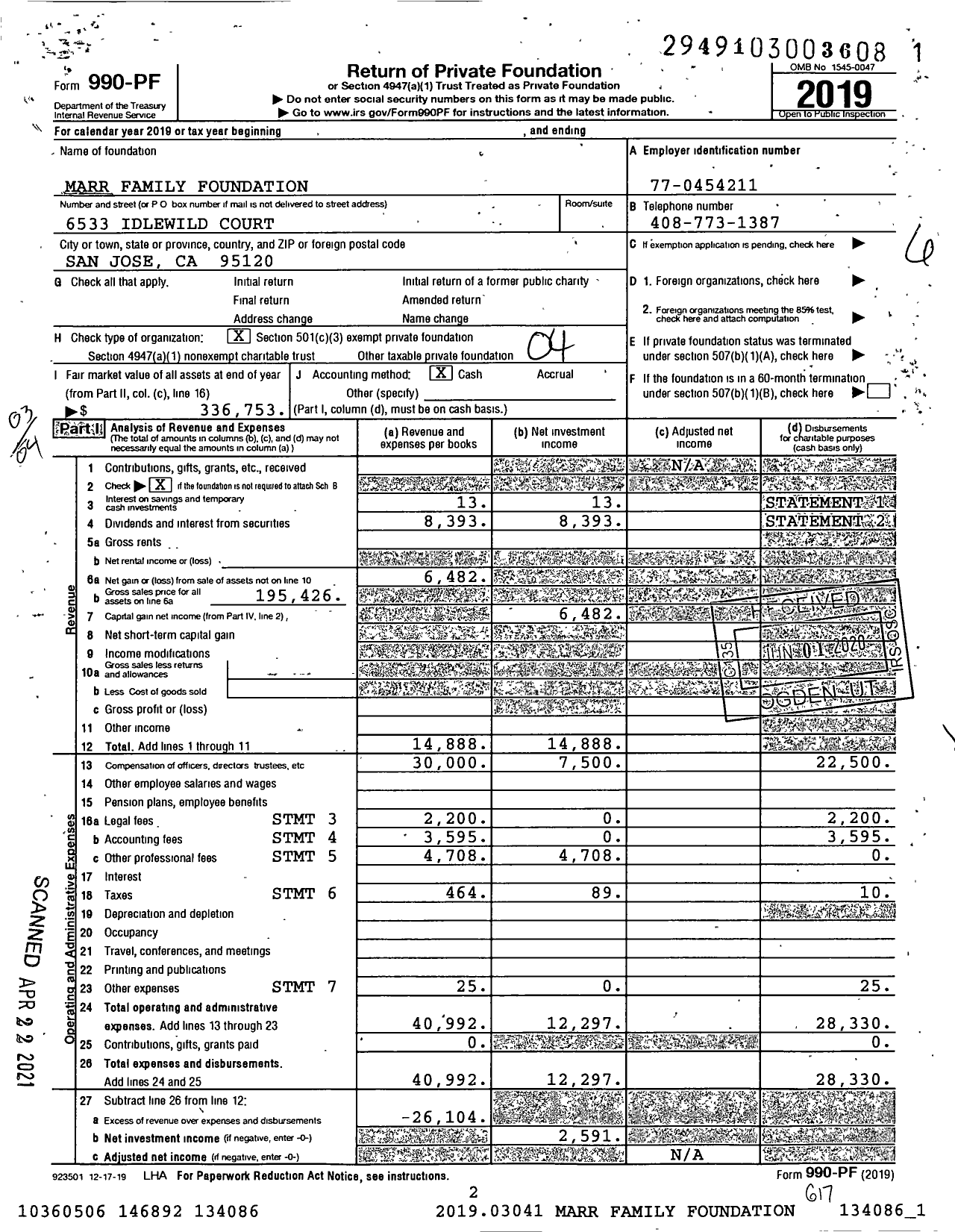 Image of first page of 2019 Form 990PF for Marr Family Foundation