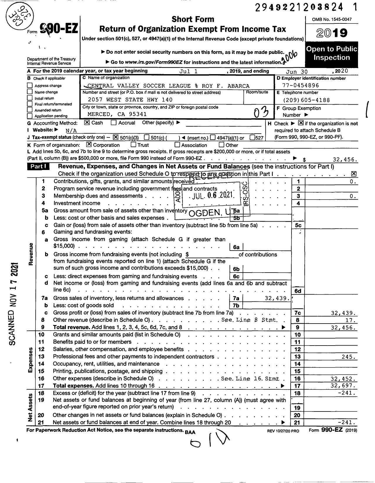 Image of first page of 2019 Form 990EZ for Central Valley Soccer League Roy F Abarca
