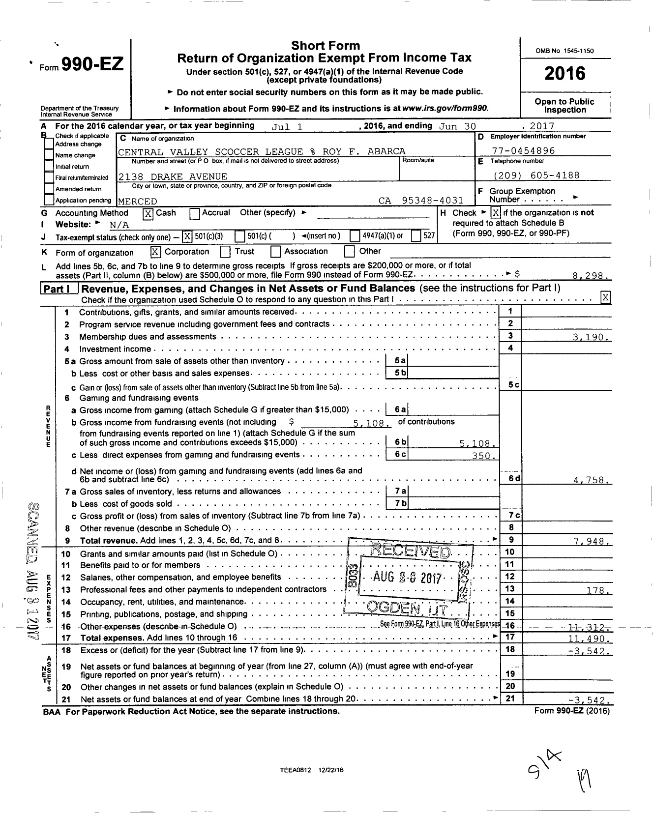 Image of first page of 2016 Form 990EZ for Central Valley Soccer League Roy F Abarca