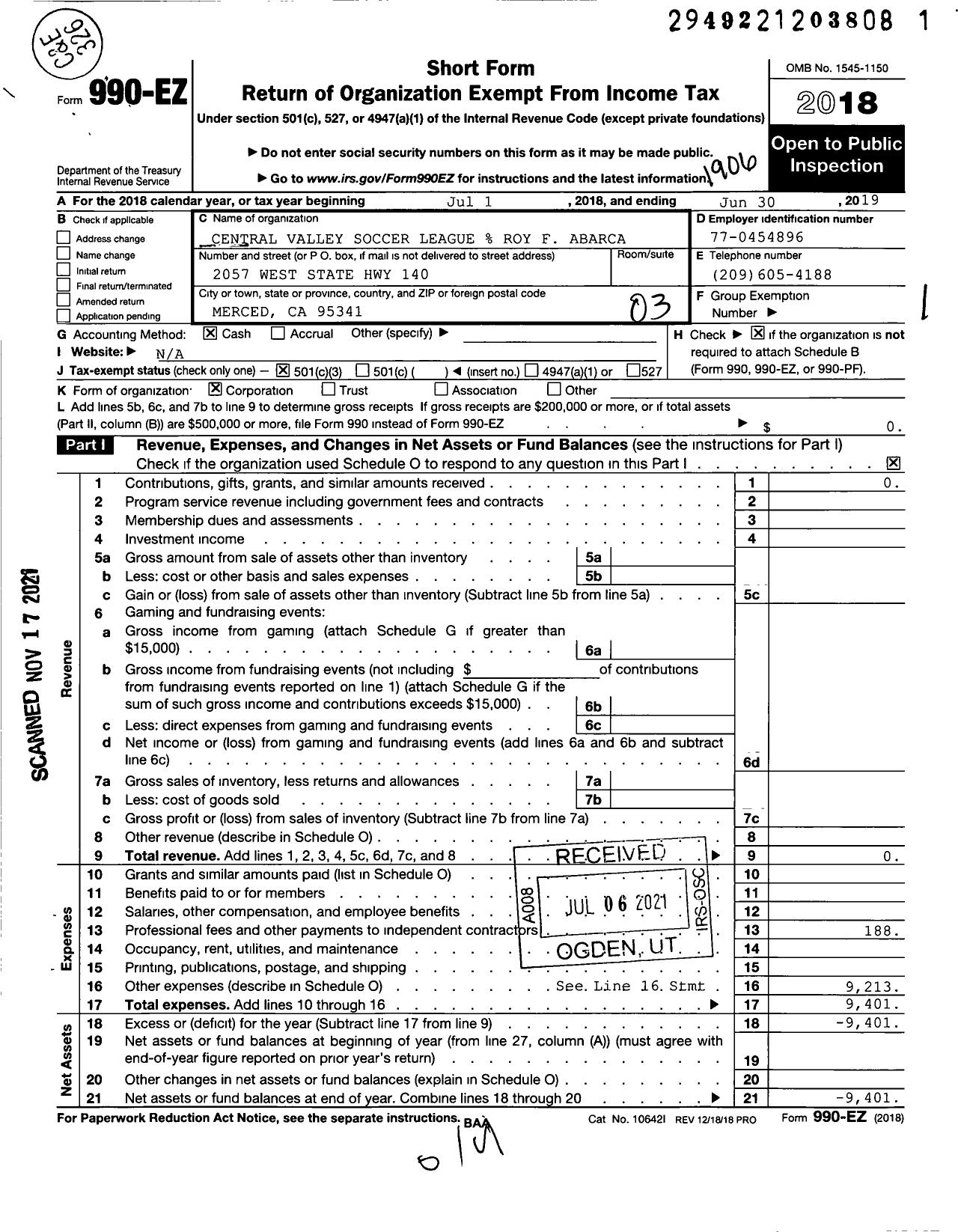 Image of first page of 2018 Form 990EZ for Central Valley Soccer League Roy F Abarca
