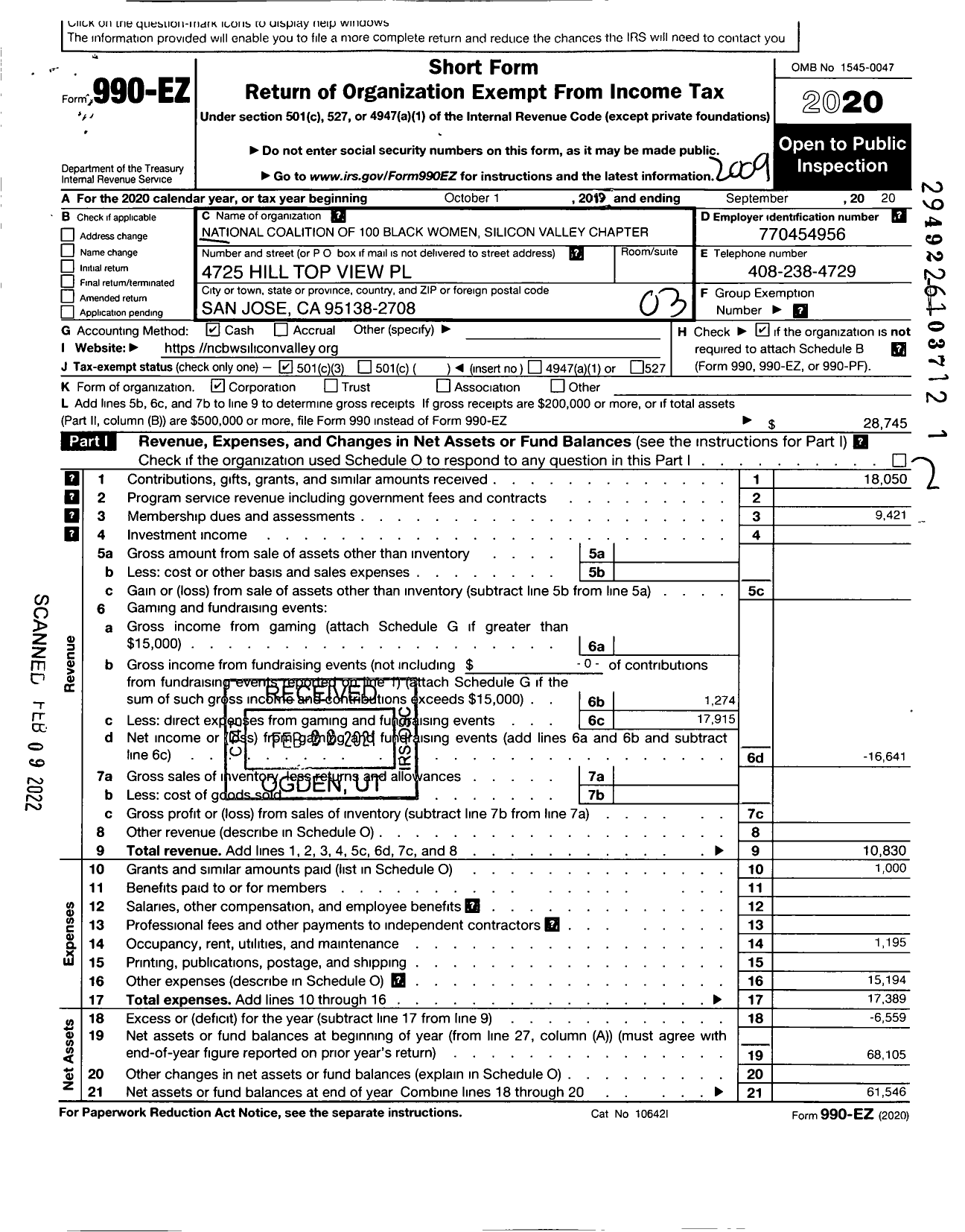 Image of first page of 2019 Form 990EZ for National Coalition of 100 Black Women Silicon Valley Chapter