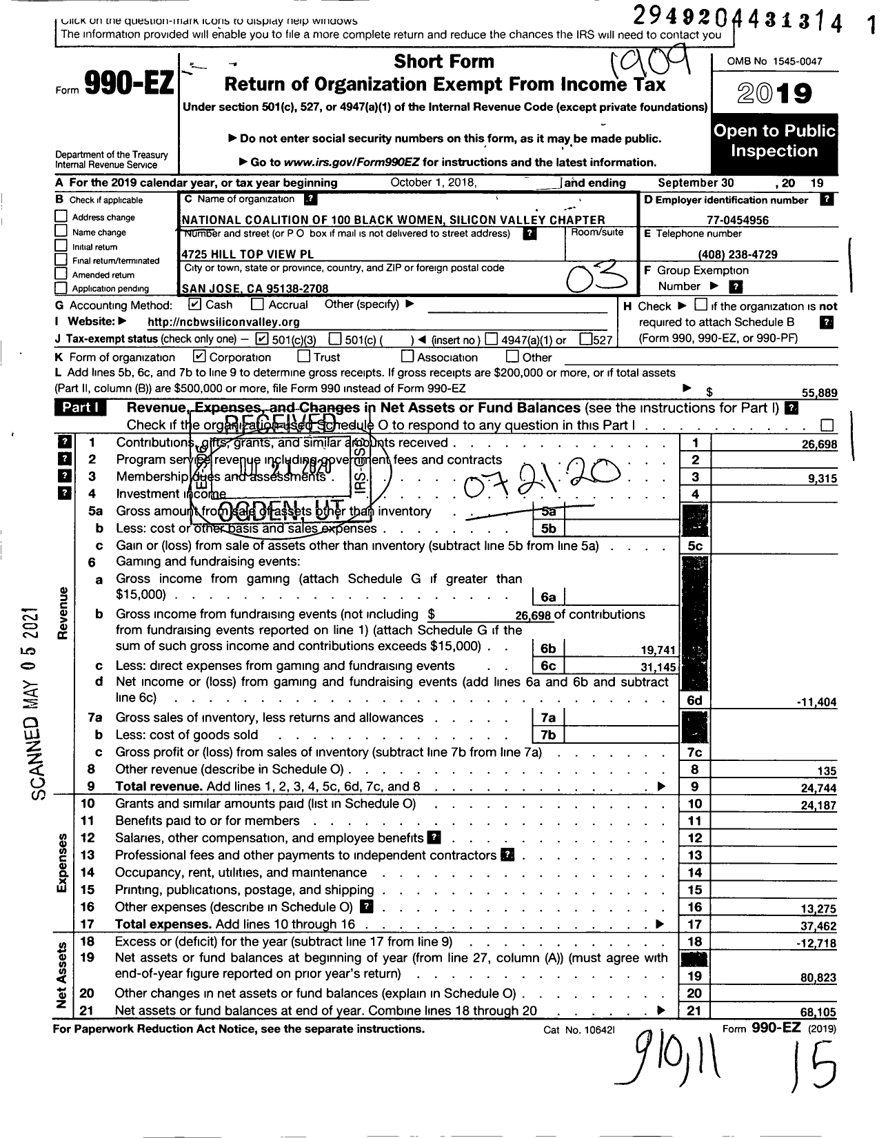 Image of first page of 2018 Form 990EZ for National Coalition of 100 Black Women Silicon Valley Chapter