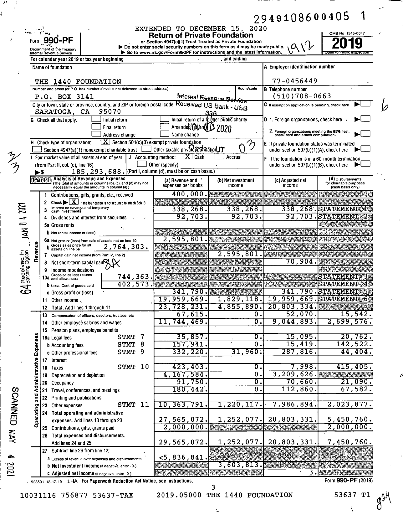Image of first page of 2019 Form 990PF for The 1440 Foundation
