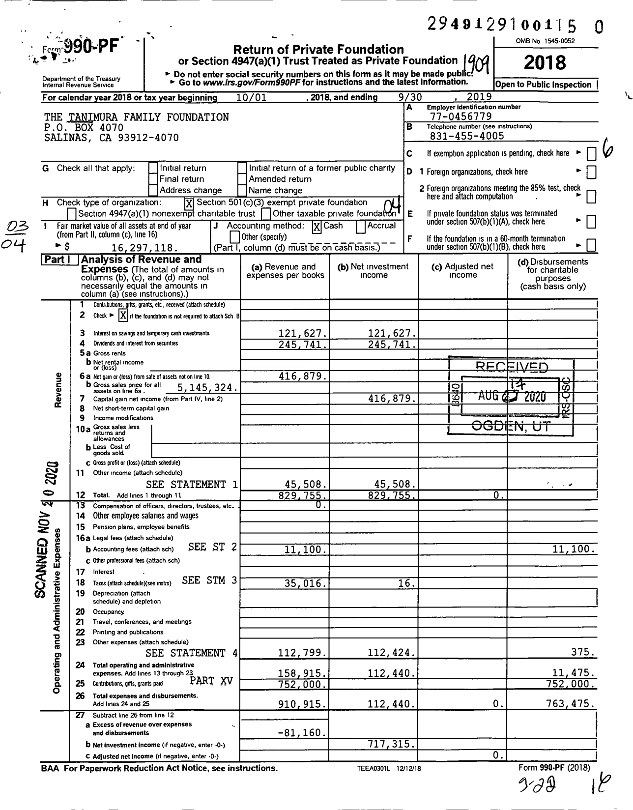 Image of first page of 2018 Form 990PF for The Tanimura Family Foundation