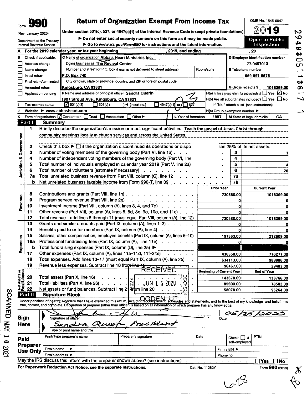 Image of first page of 2019 Form 990 for The Revival Center