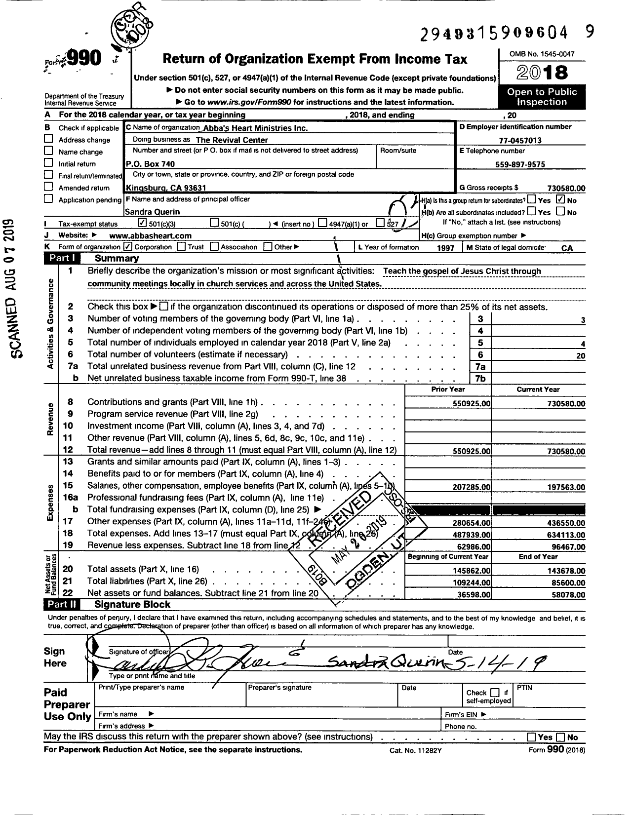 Image of first page of 2018 Form 990 for The Revival Center