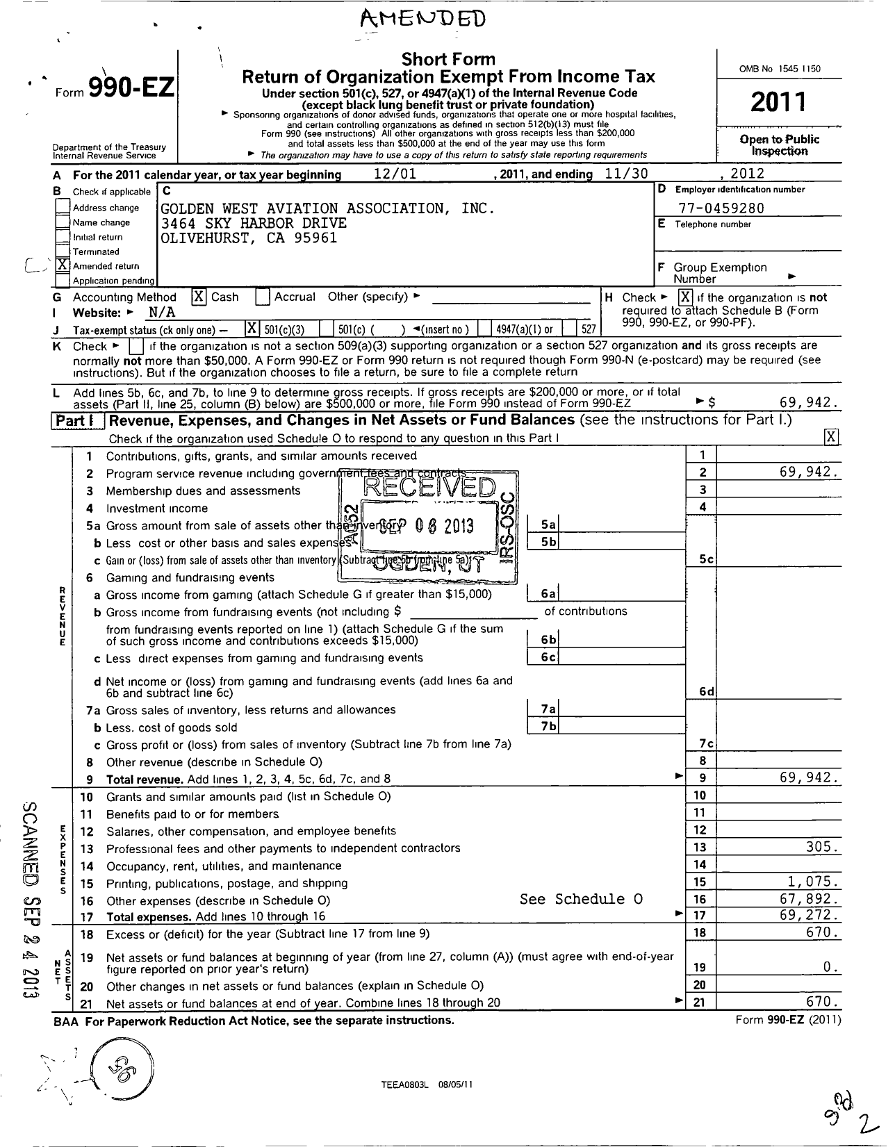 Image of first page of 2011 Form 990EZ for Golden West Aviation Association