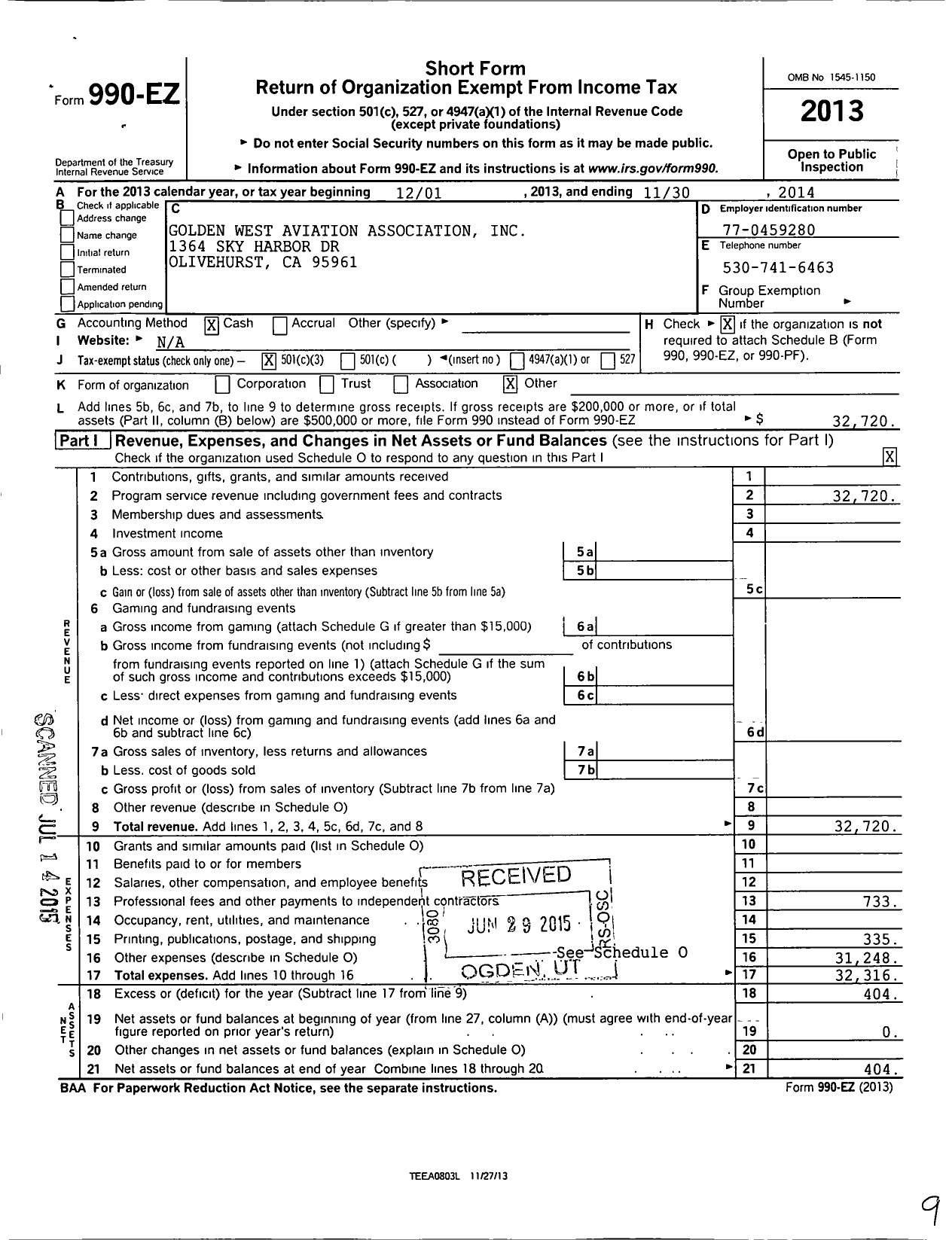 Image of first page of 2013 Form 990EZ for Golden West Aviation Association