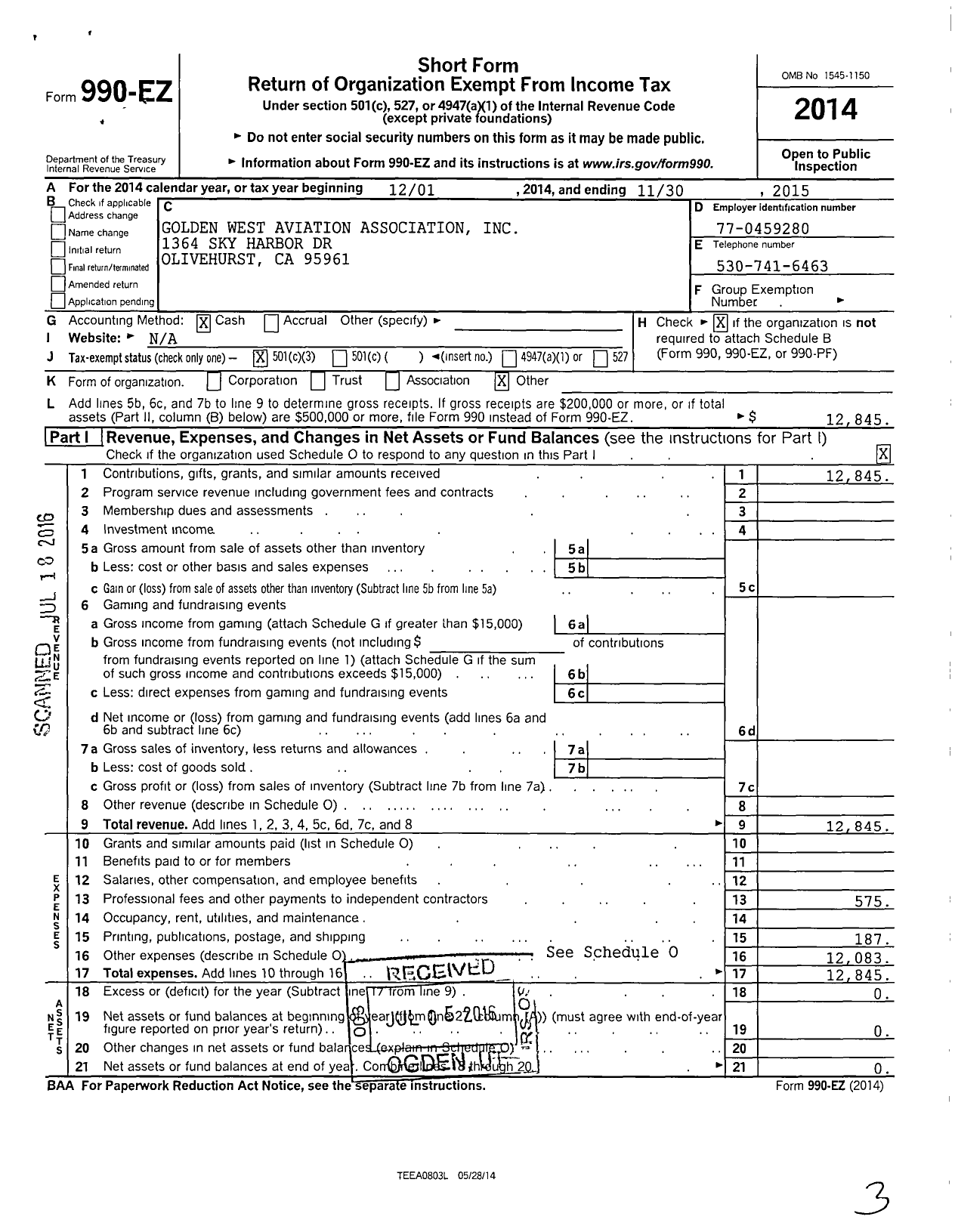 Image of first page of 2014 Form 990EZ for Golden West Aviation Association