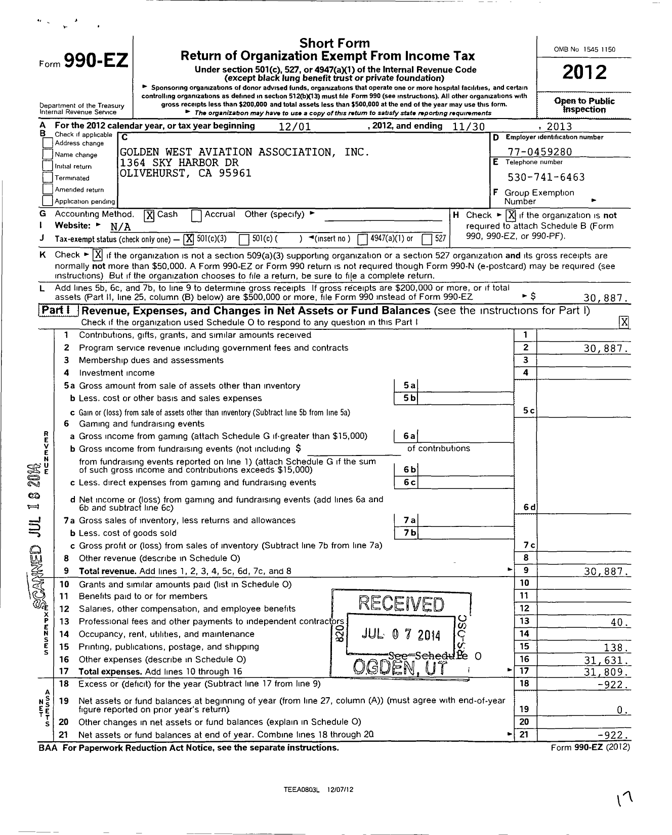 Image of first page of 2012 Form 990EZ for Golden West Aviation Association