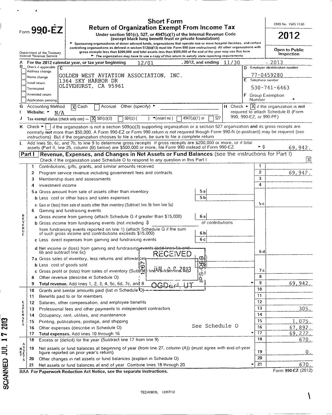 Image of first page of 2012 Form 990EZ for Golden West Aviation Association