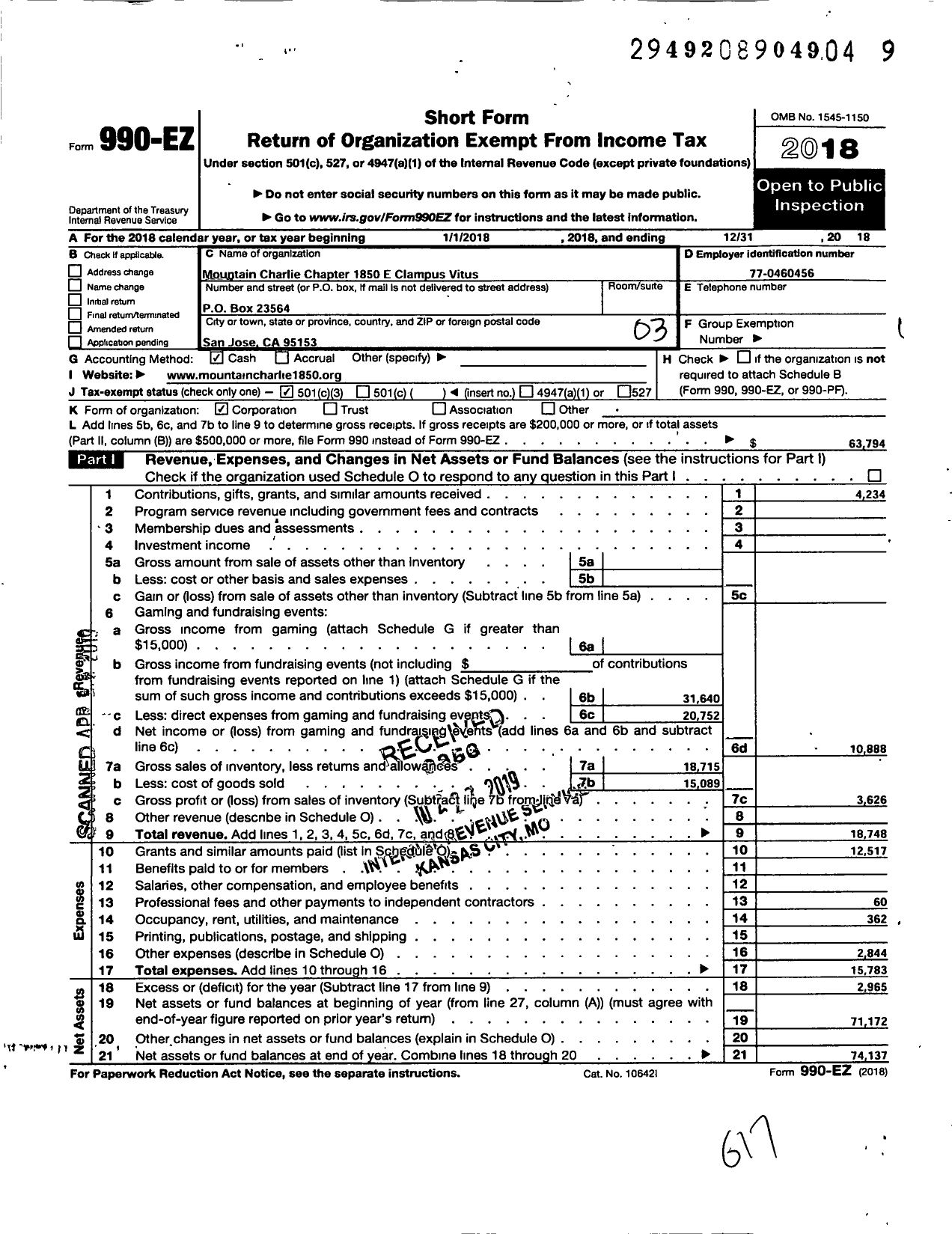 Image of first page of 2018 Form 990EZ for Mountain Charlie Chapter 1850 E Clampus Vitus