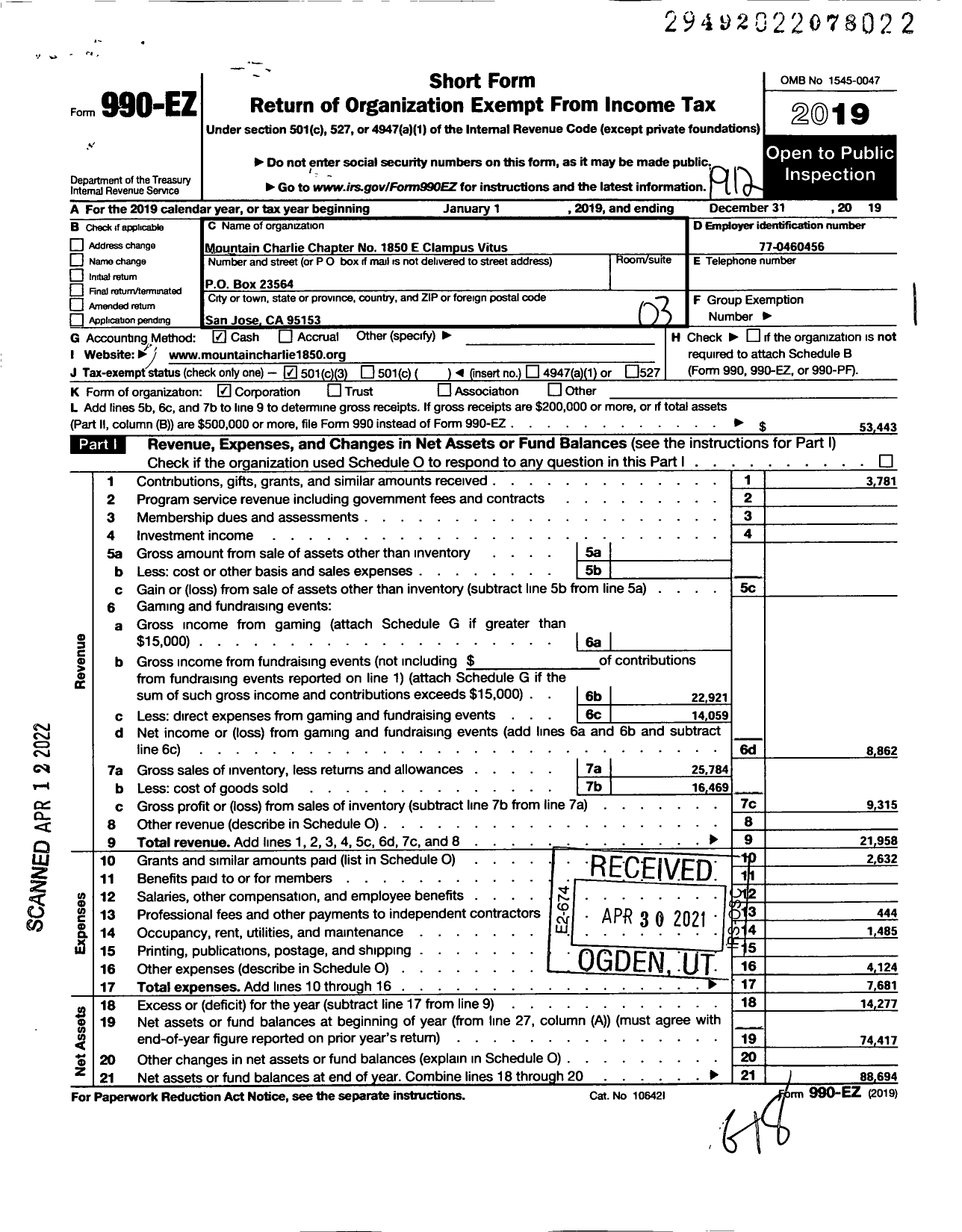 Image of first page of 2019 Form 990EZ for Mountain Charlie Chapter 1850 E Clampus Vitus