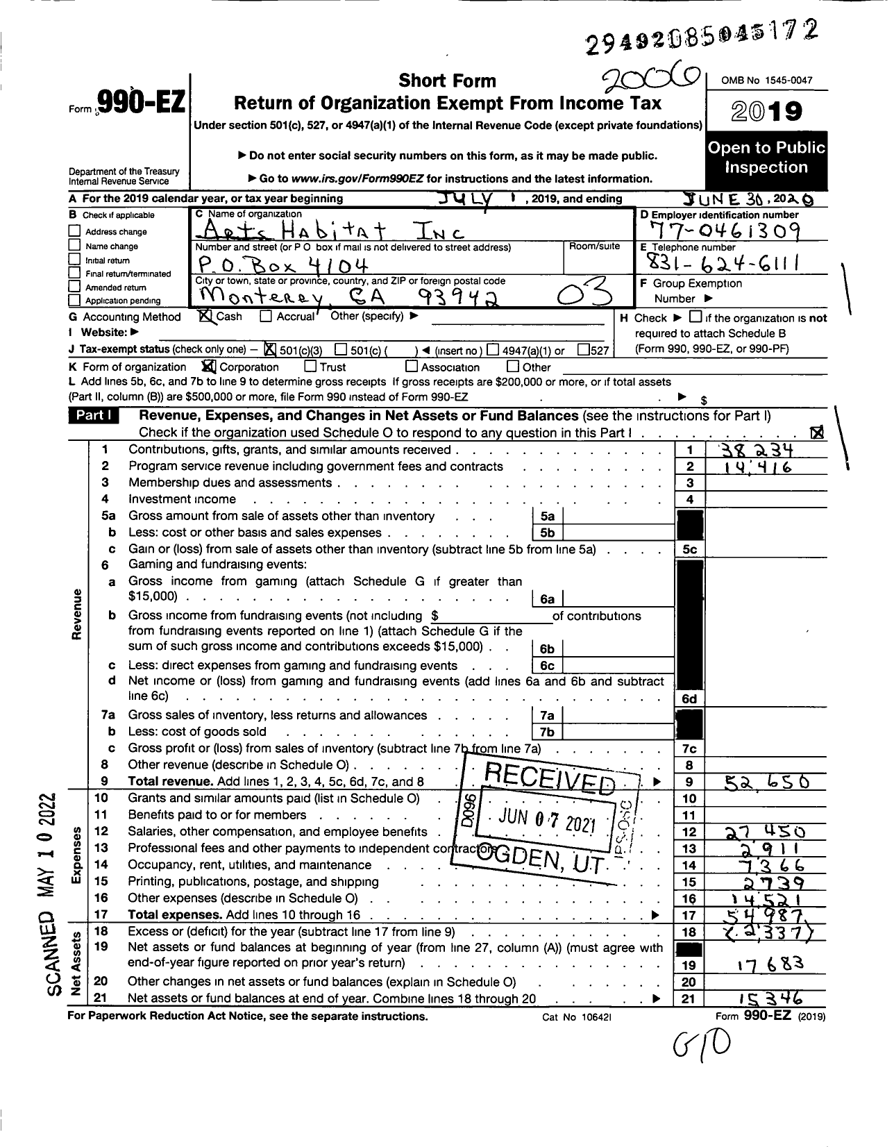 Image of first page of 2019 Form 990EZ for Arts Habitat