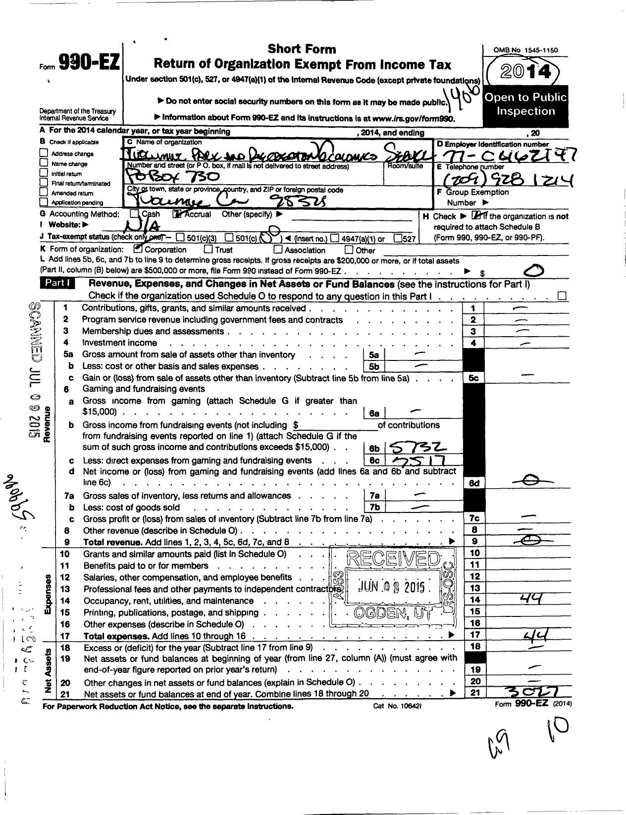 Image of first page of 2013 Form 990EO for Tuolumne Park and Recreation District Economic Services