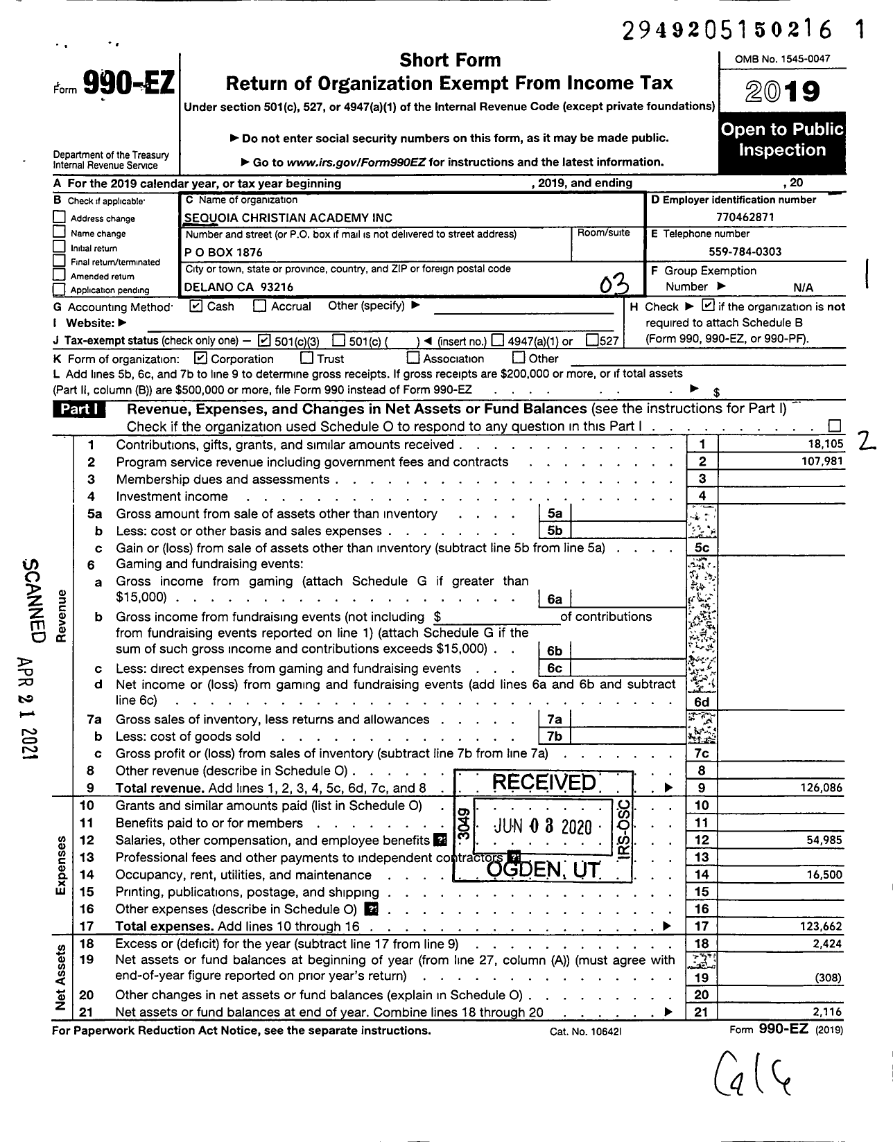 Image of first page of 2019 Form 990EZ for Sequoia Christian Academy