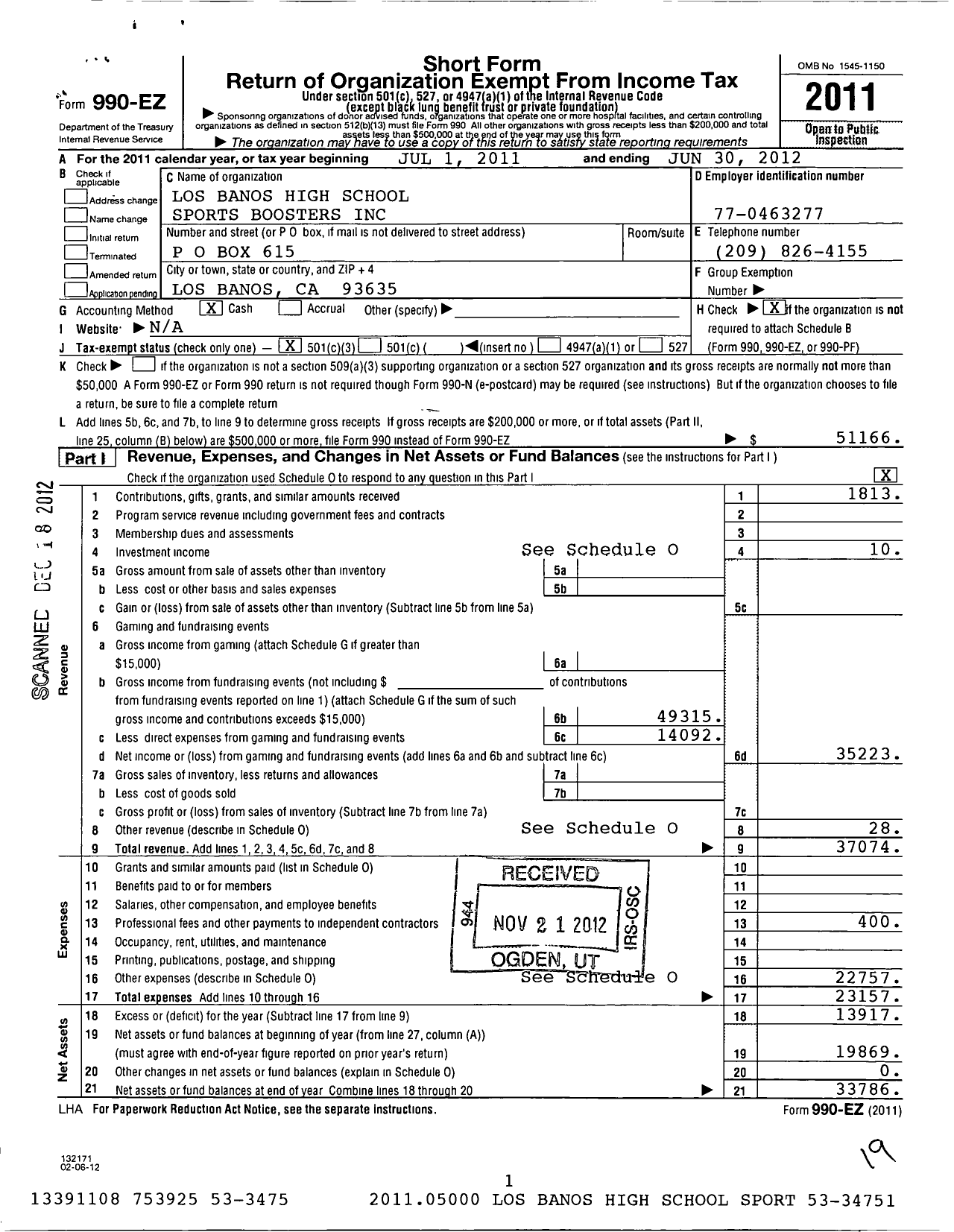 Image of first page of 2011 Form 990EZ for Los Banos High School Sports Boosters