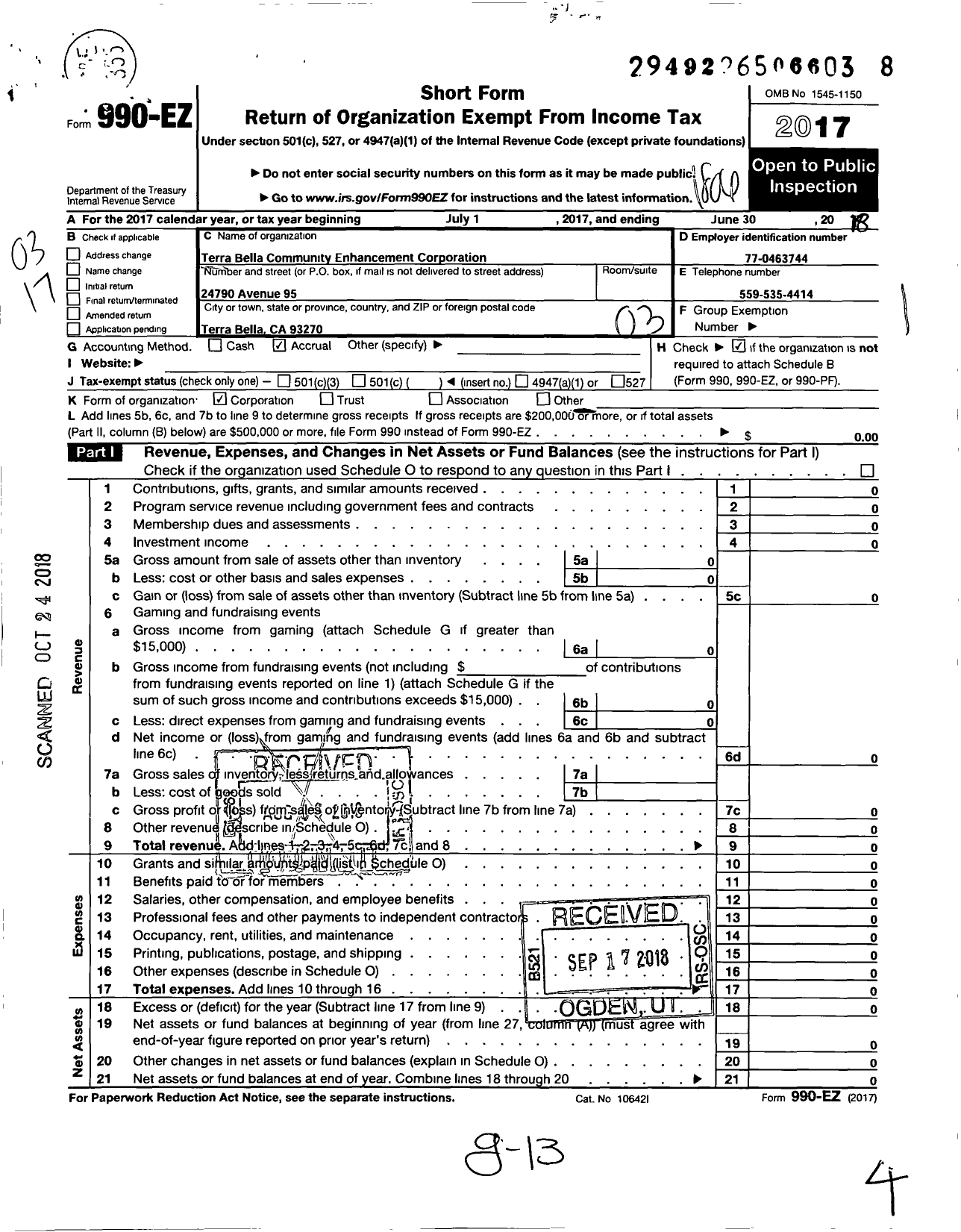 Image of first page of 2017 Form 990EZ for Terra Bella Community Enhancement Corporation