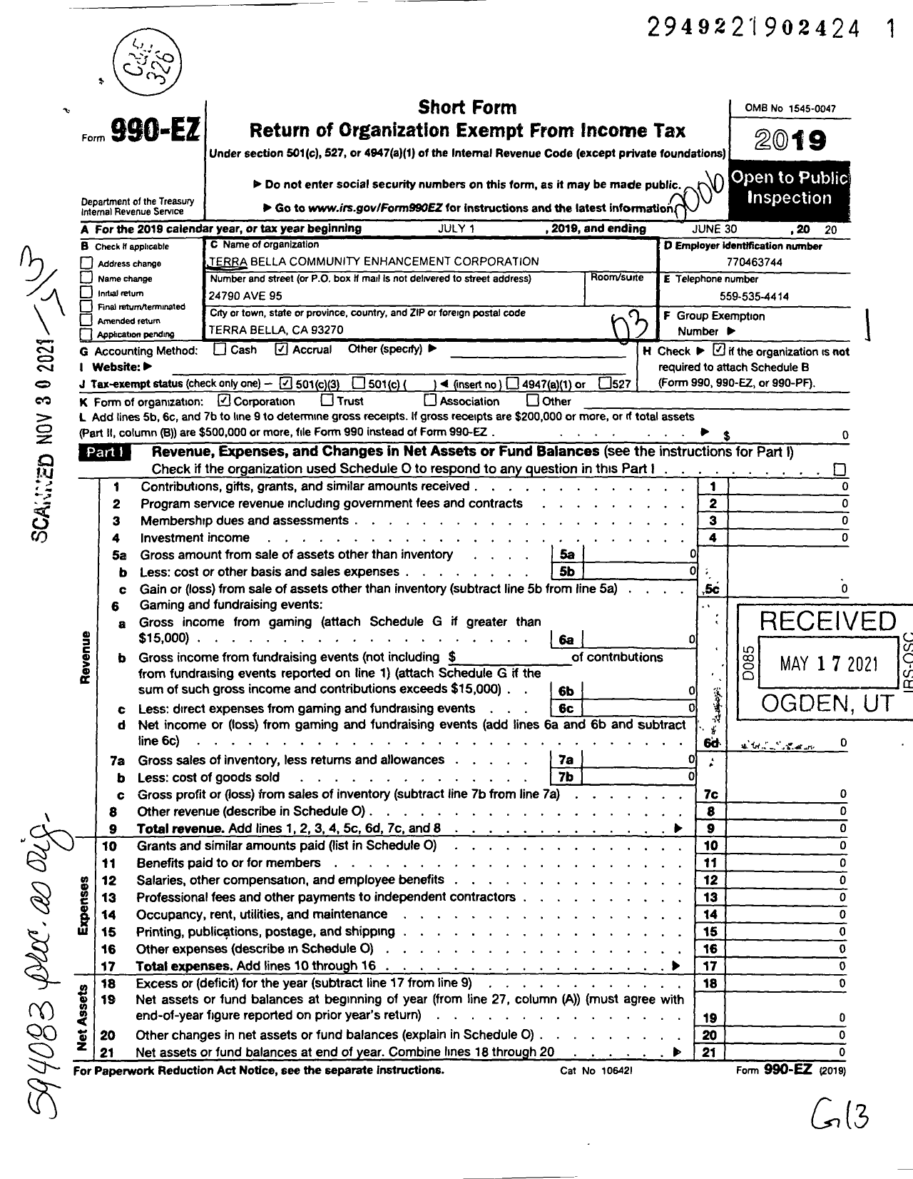 Image of first page of 2019 Form 990EZ for Terra Bella Community Enhancement Corporation