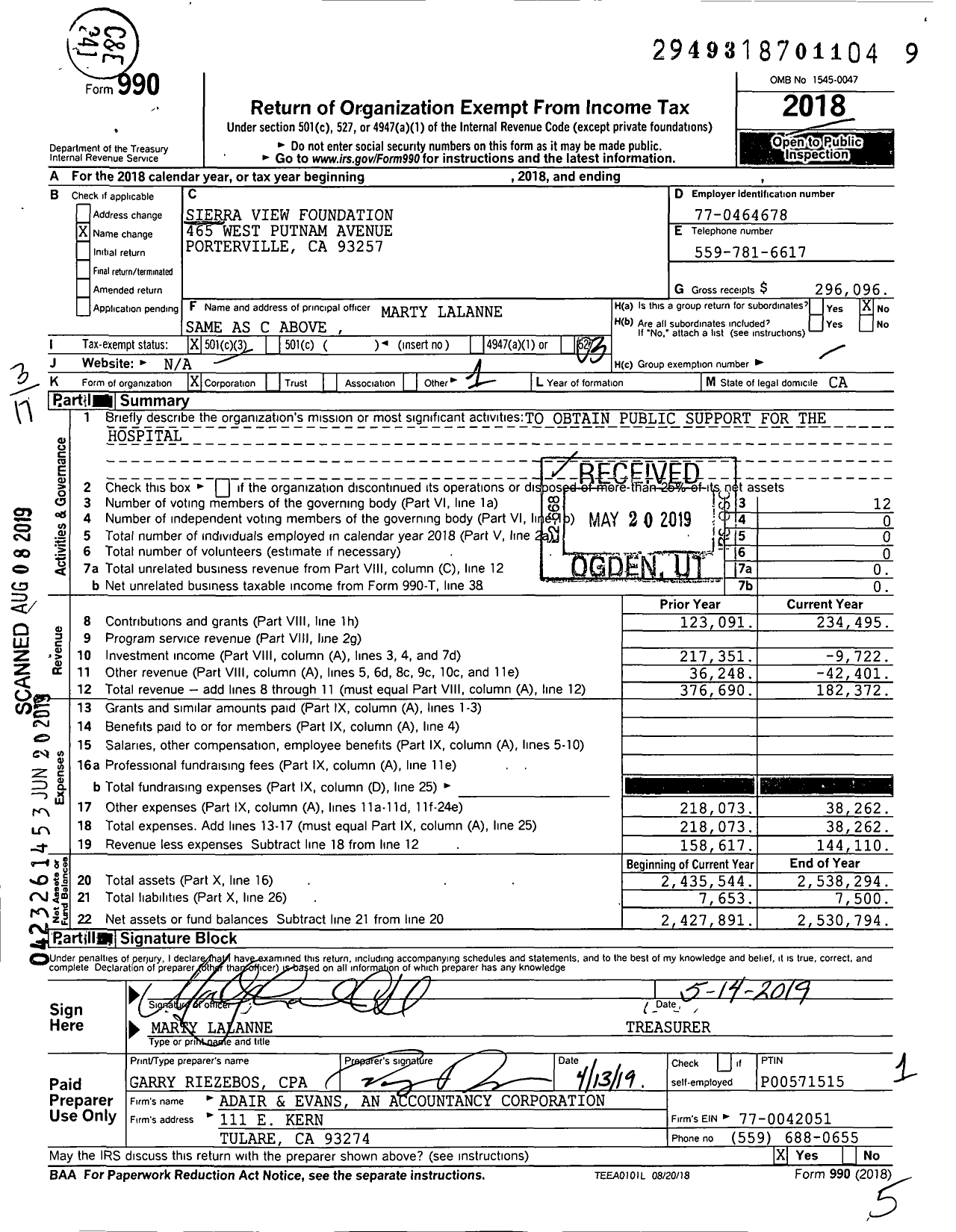 Image of first page of 2018 Form 990 for Sierra View Foundation