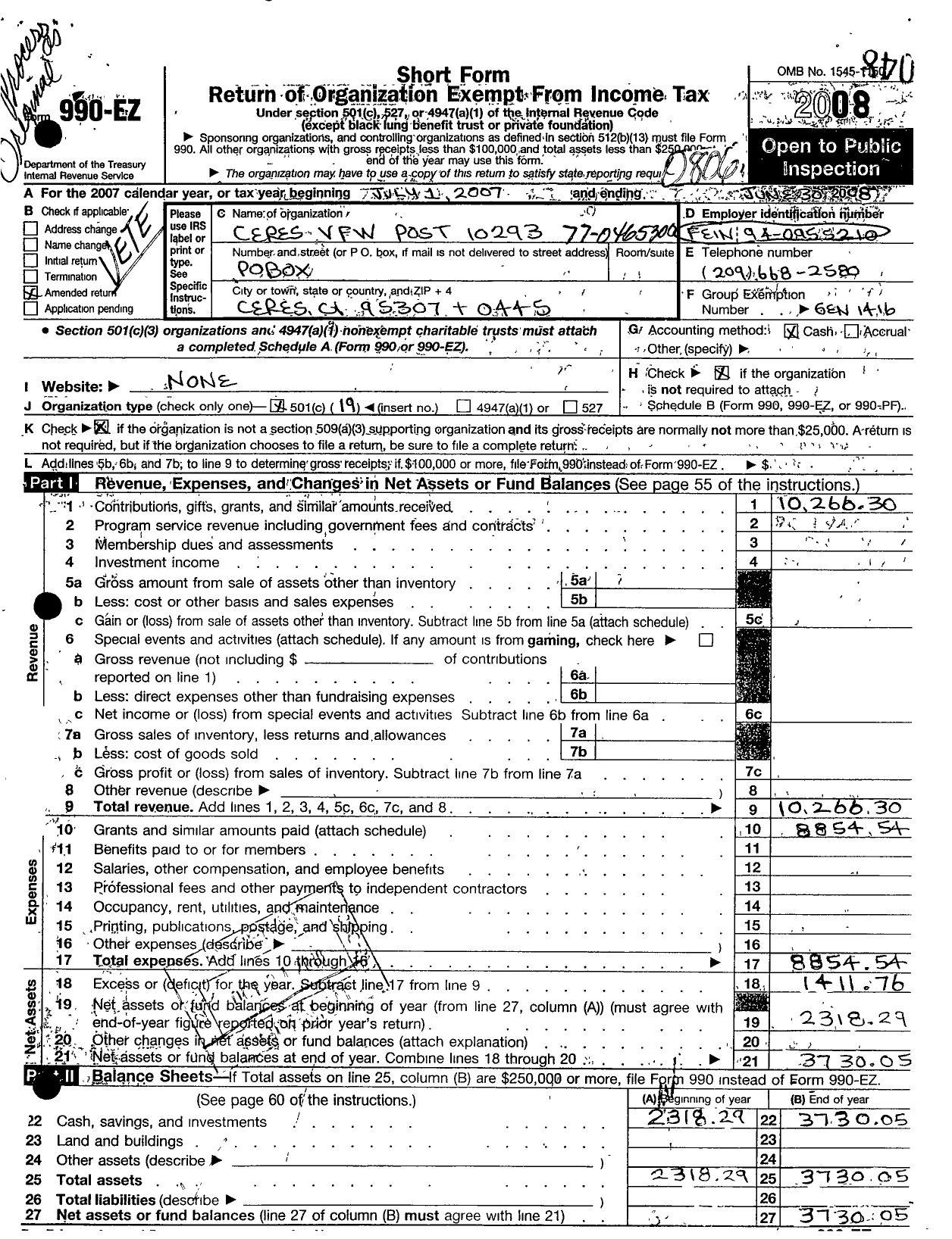 Image of first page of 2007 Form 990EO for VFW California Department - 10293 Lloyd R Smith VFW Post