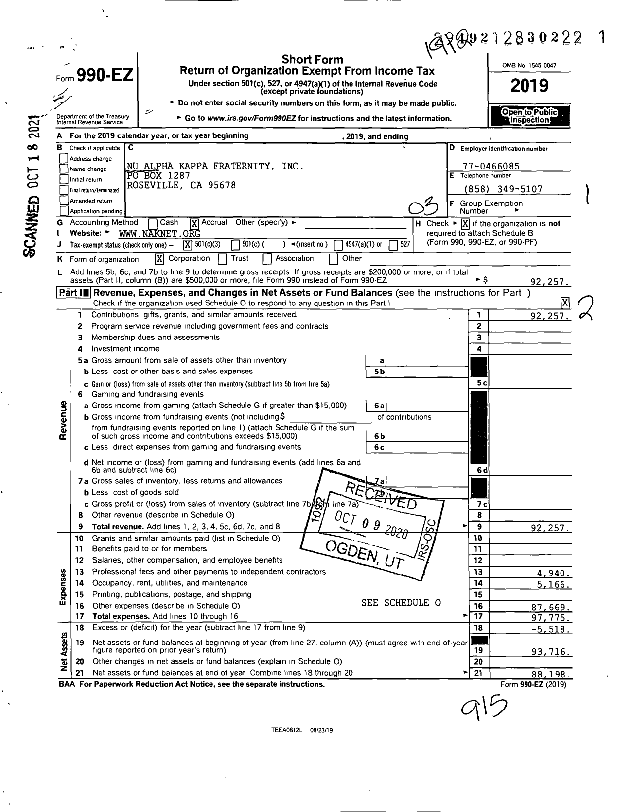 Image of first page of 2019 Form 990EZ for Nu Alpha Kappa Fraternity