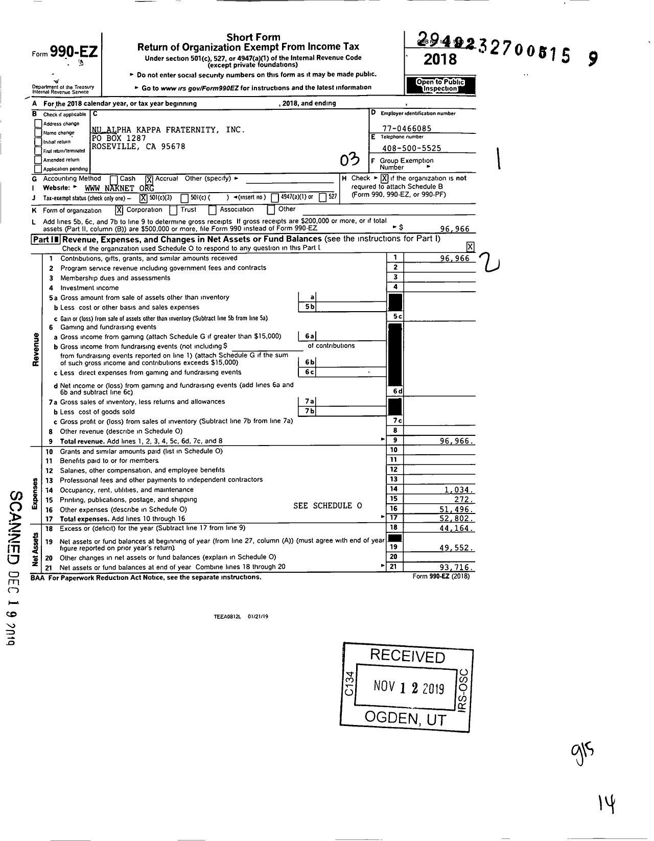 Image of first page of 2018 Form 990EZ for Nu Alpha Kappa Fraternity