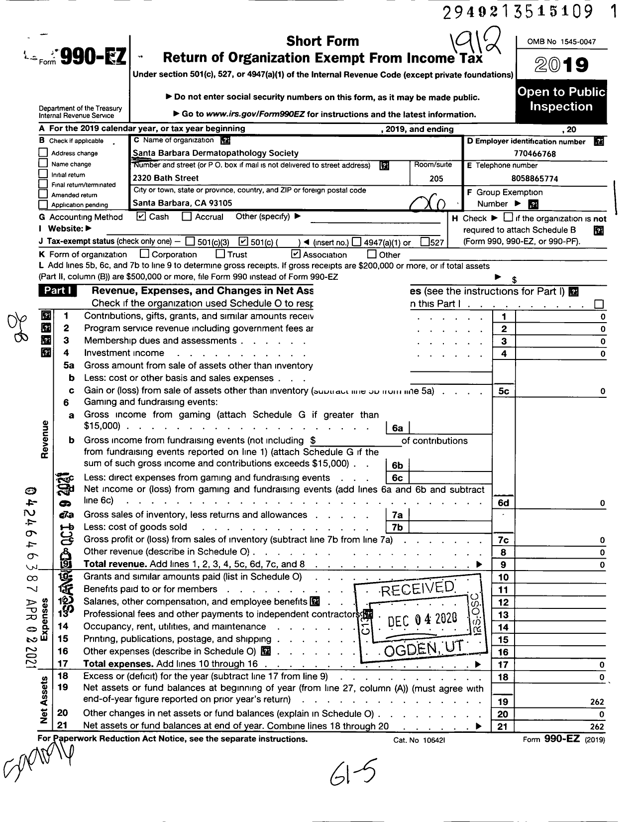 Image of first page of 2019 Form 990EO for Santa Barbara Dermatopathology Society